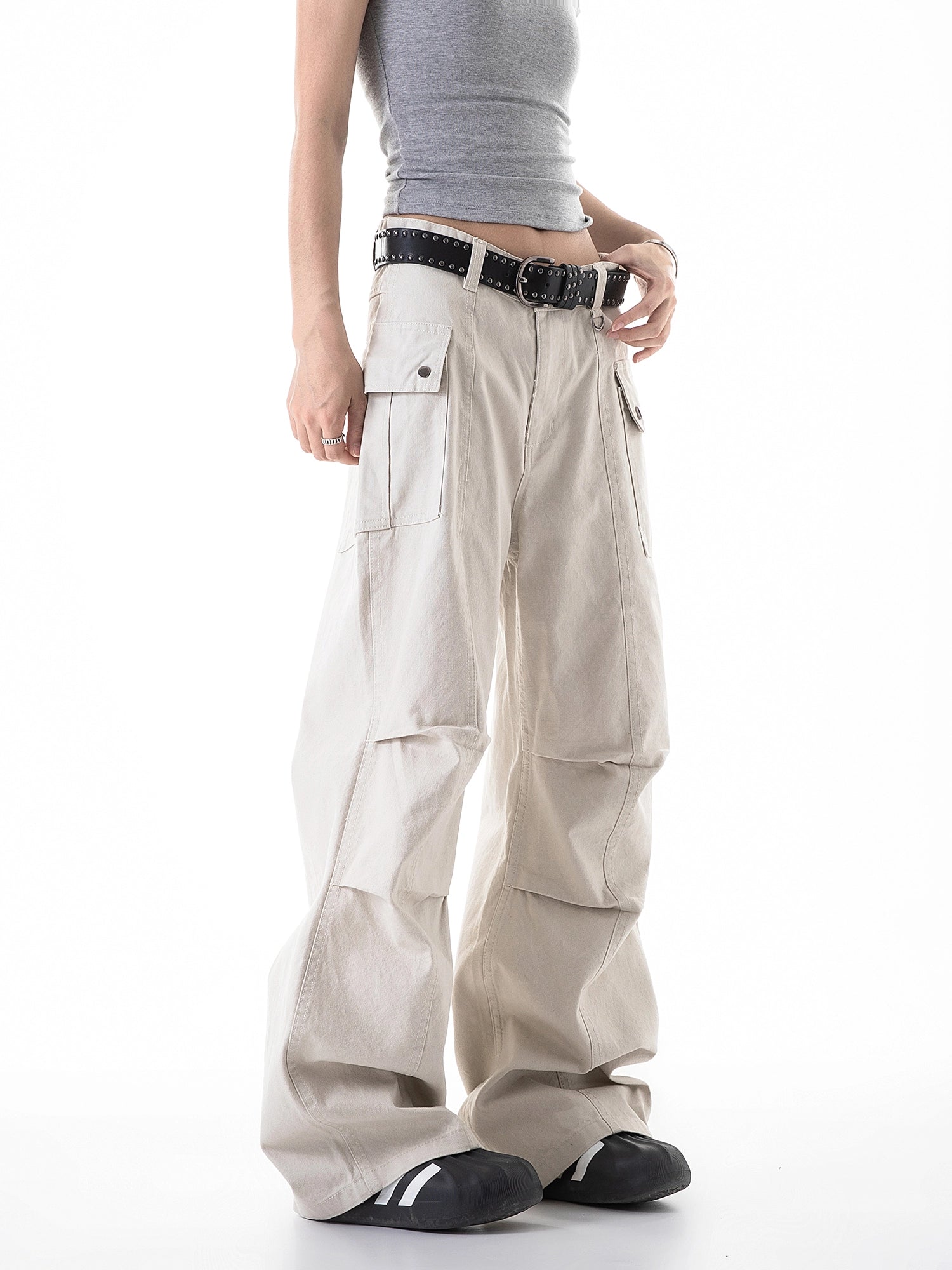 ICH MODE 美式复古口袋休闲裤女夏季宽松直筒工装裤流行阔腿裤子