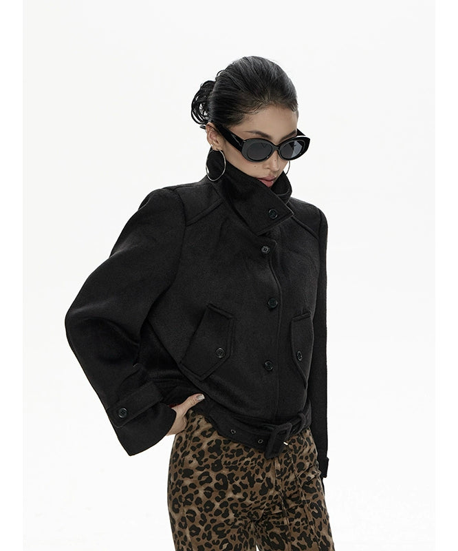 野生zero立领宽松毛呢外套女秋冬新款设计感小众加厚显瘦长袖上衣