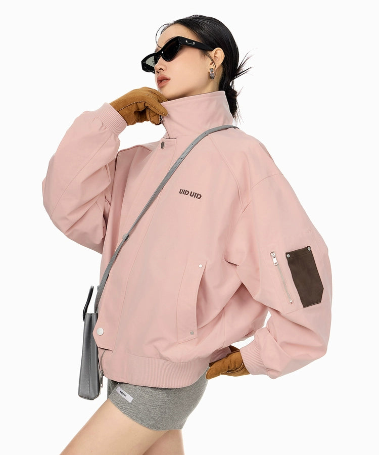 ICH MODE 美式复古撞色立领外套女2025新款秋冬工装夹克休闲上衣