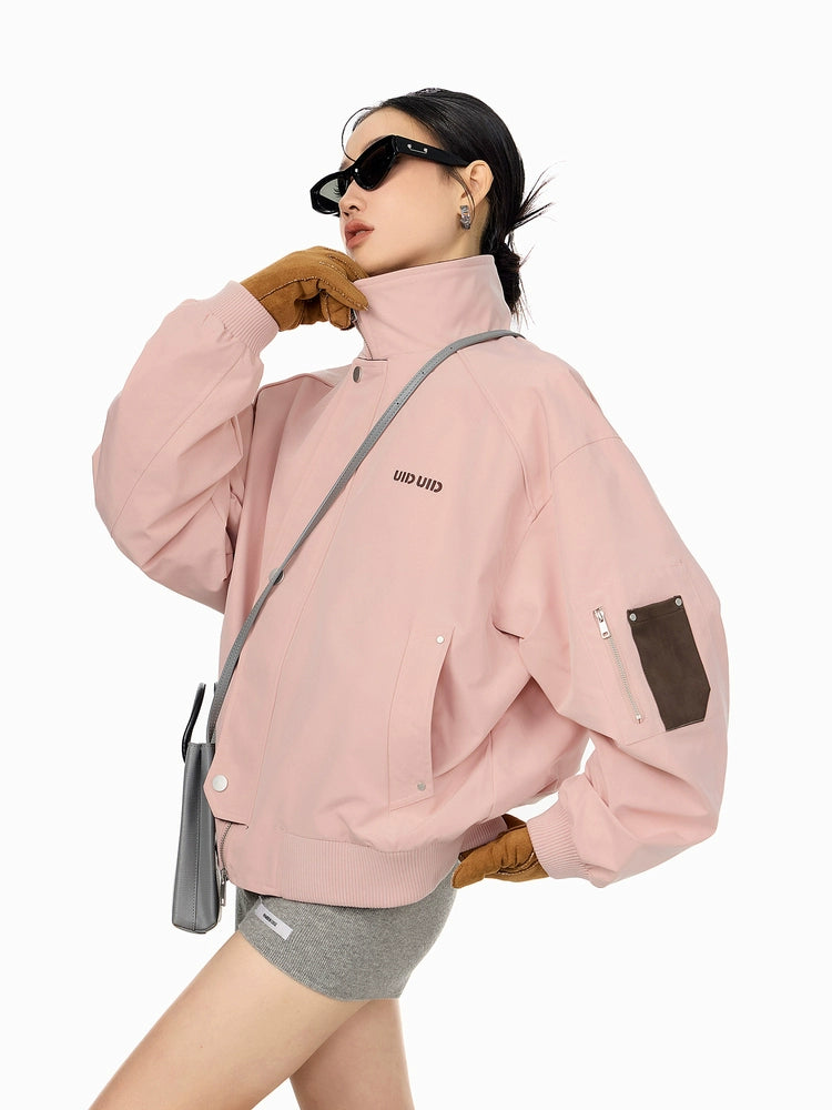 ICH MODE 美式复古撞色立领外套女2025新款秋冬工装夹克休闲上衣