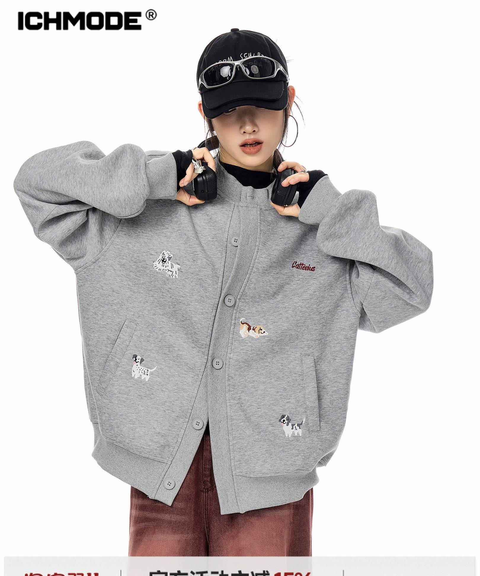 ICH MODE 美式复古小狗刺绣棒球领外套女2025秋冬季卫衣开衫上衣