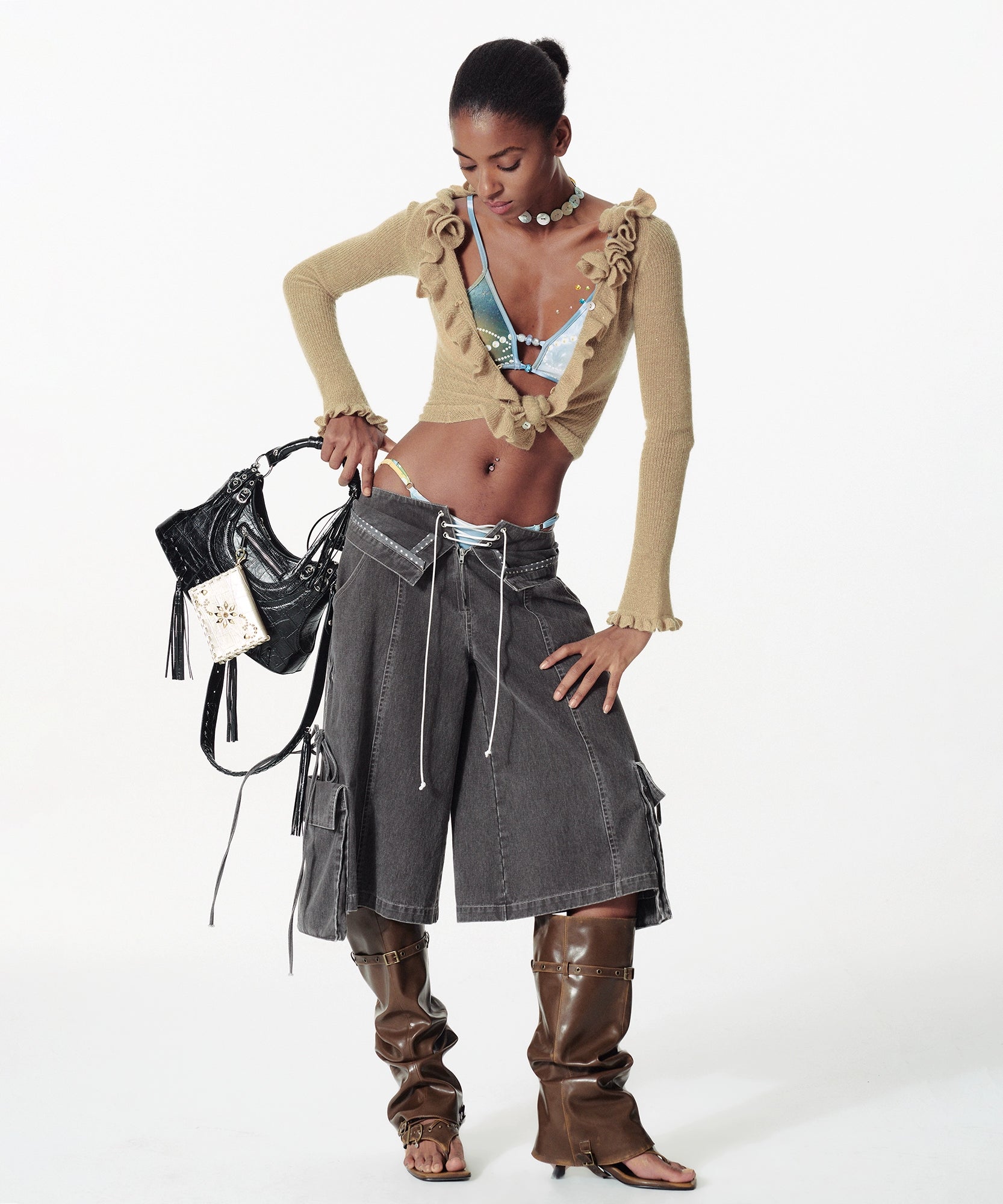 2th Desire复古解构洗水双腰头绑带豹纹撞色条工装感宽松中裤女