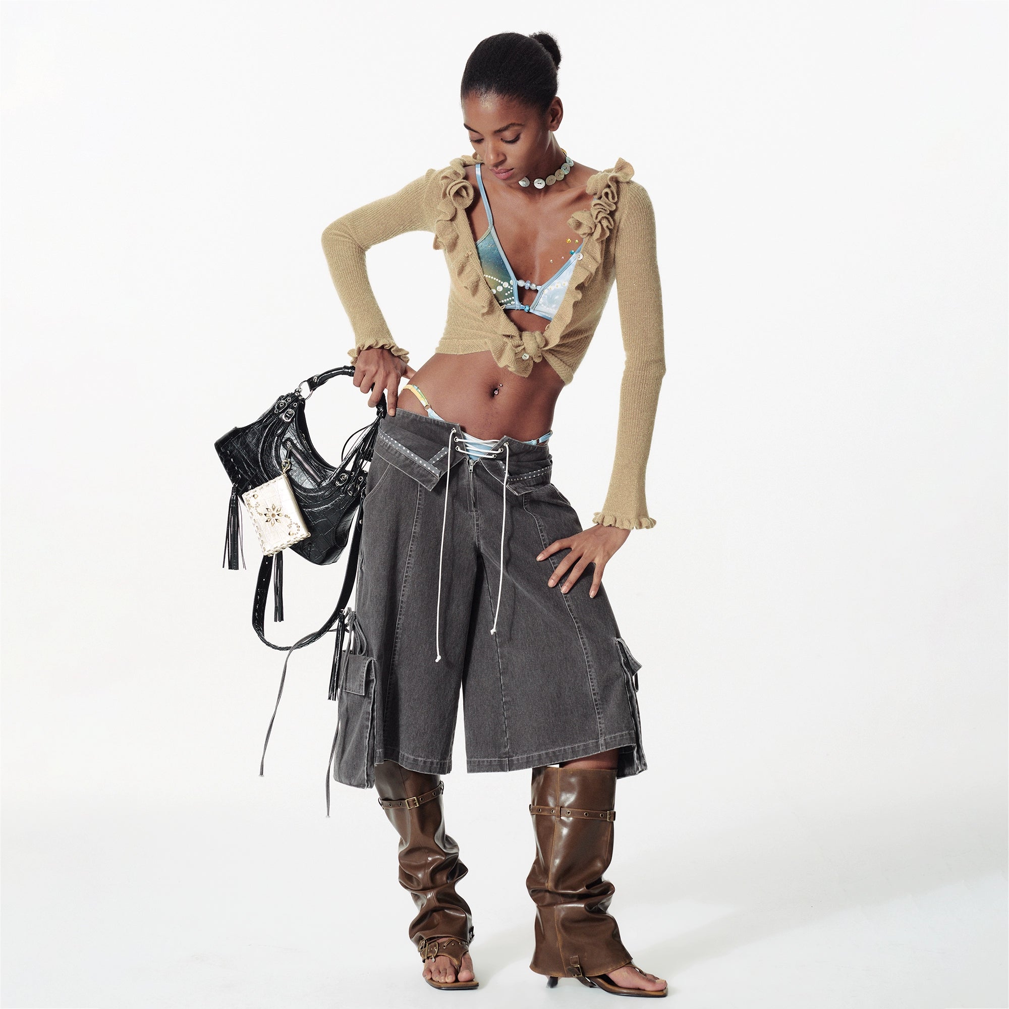 2th Desire复古解构洗水双腰头绑带豹纹撞色条工装感宽松中裤女