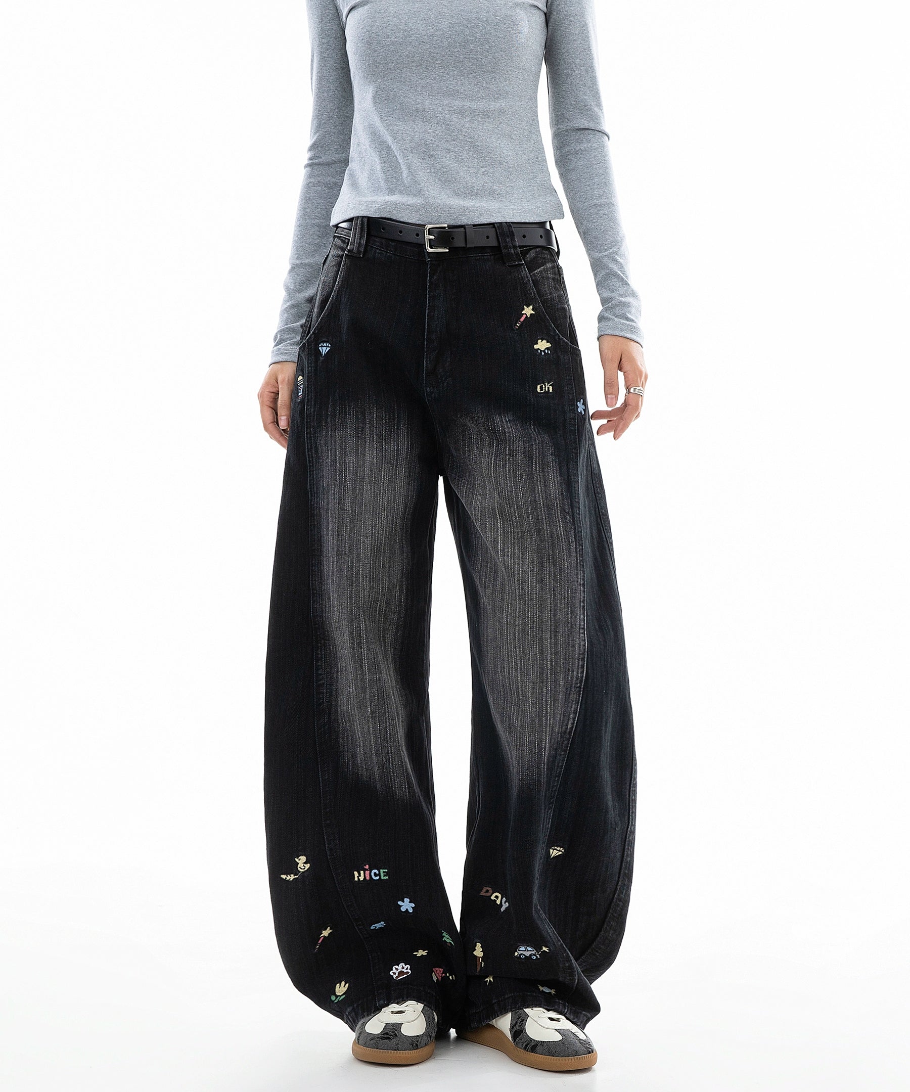 ICH MODE 美式复古小刺绣牛仔裤女宽松直筒裤阔腿弯刀裤休闲裤子