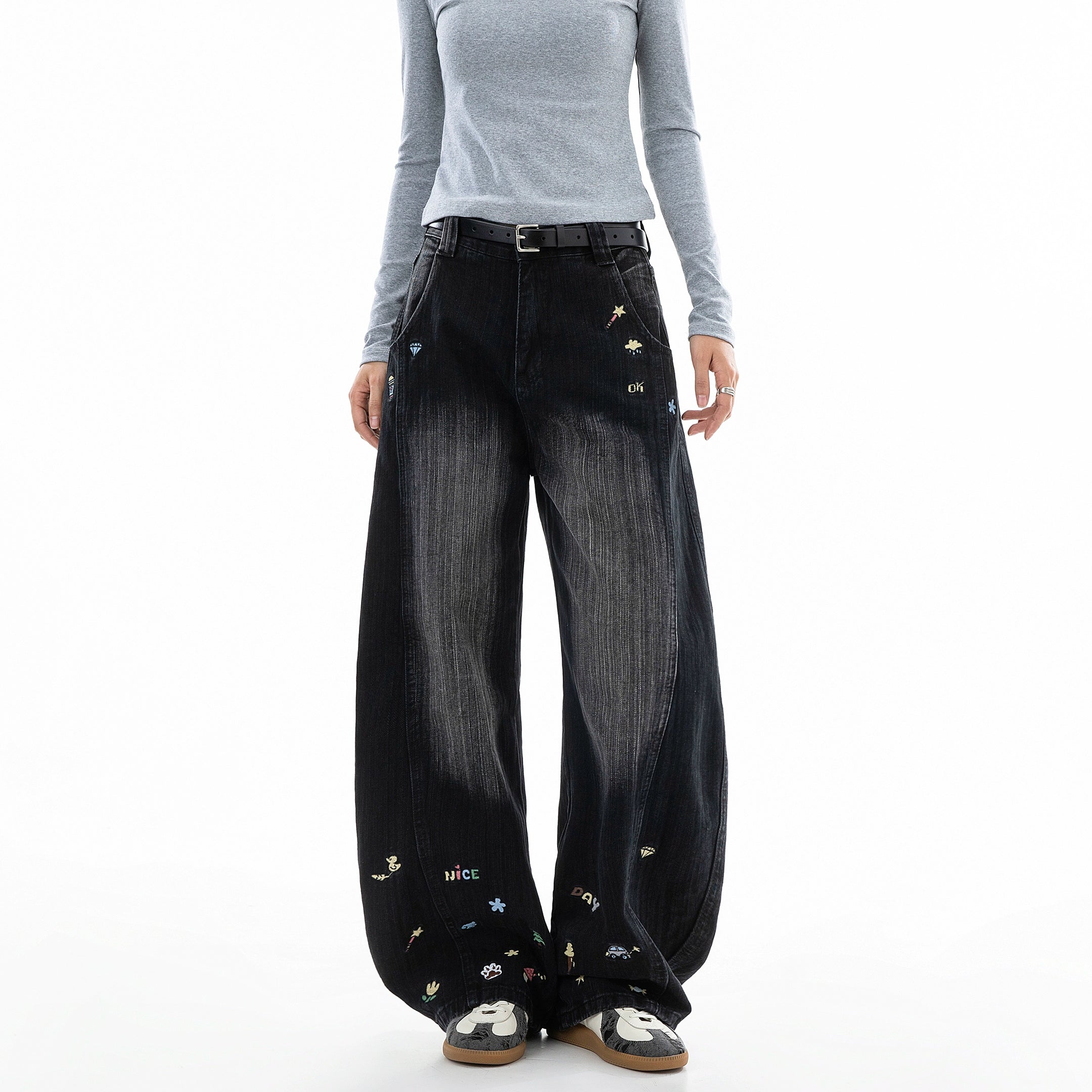 ICH MODE 美式复古小刺绣牛仔裤女宽松直筒裤阔腿弯刀裤休闲裤子