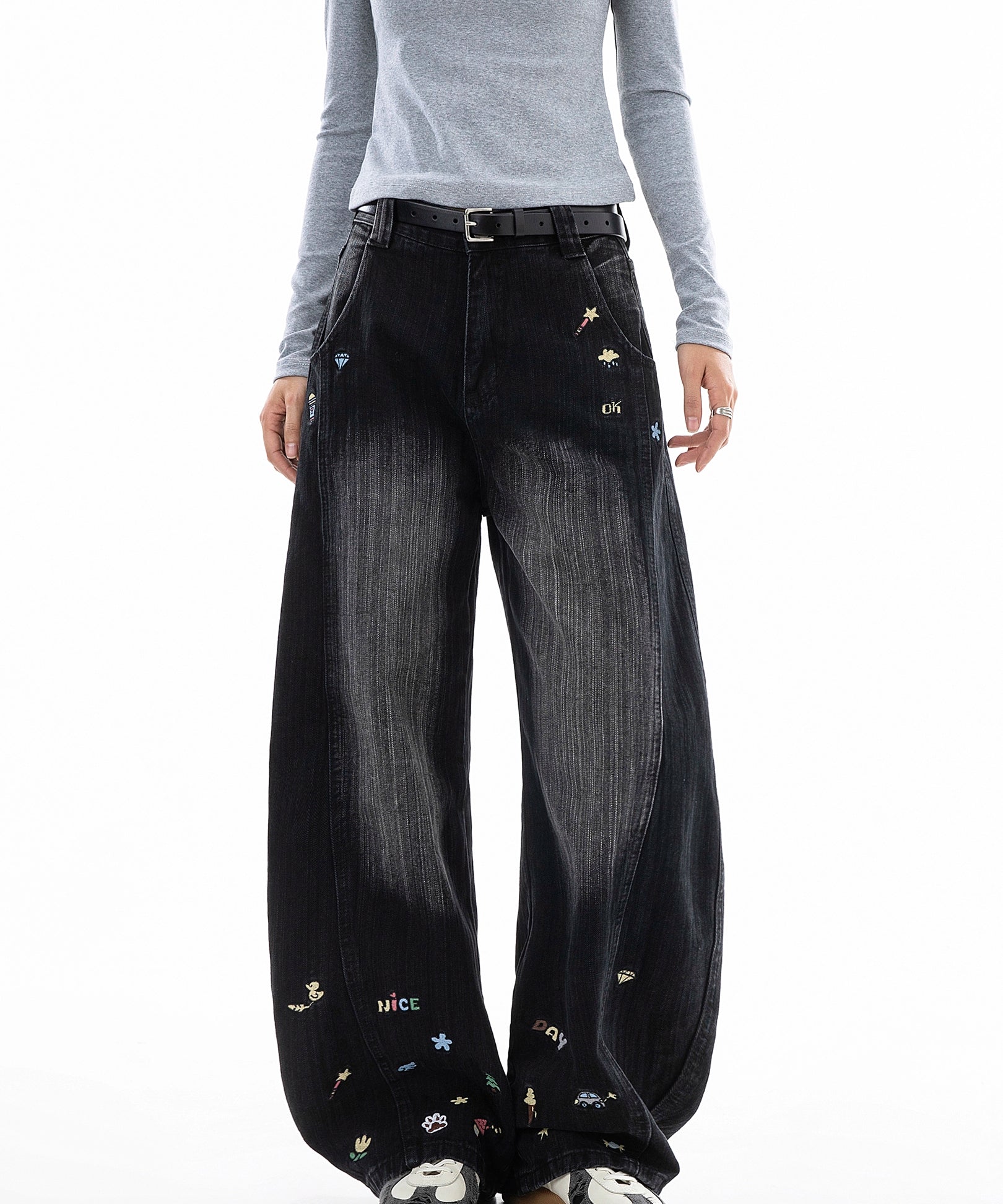 ICH MODE 美式复古小刺绣牛仔裤女宽松直筒裤阔腿弯刀裤休闲裤子