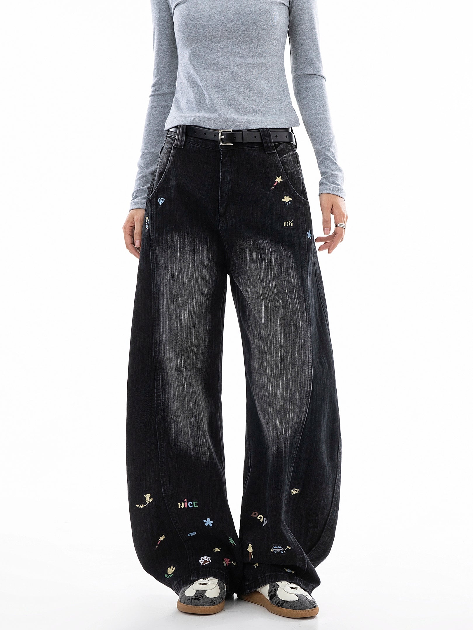 ICH MODE 美式复古小刺绣牛仔裤女宽松直筒裤阔腿弯刀裤休闲裤子