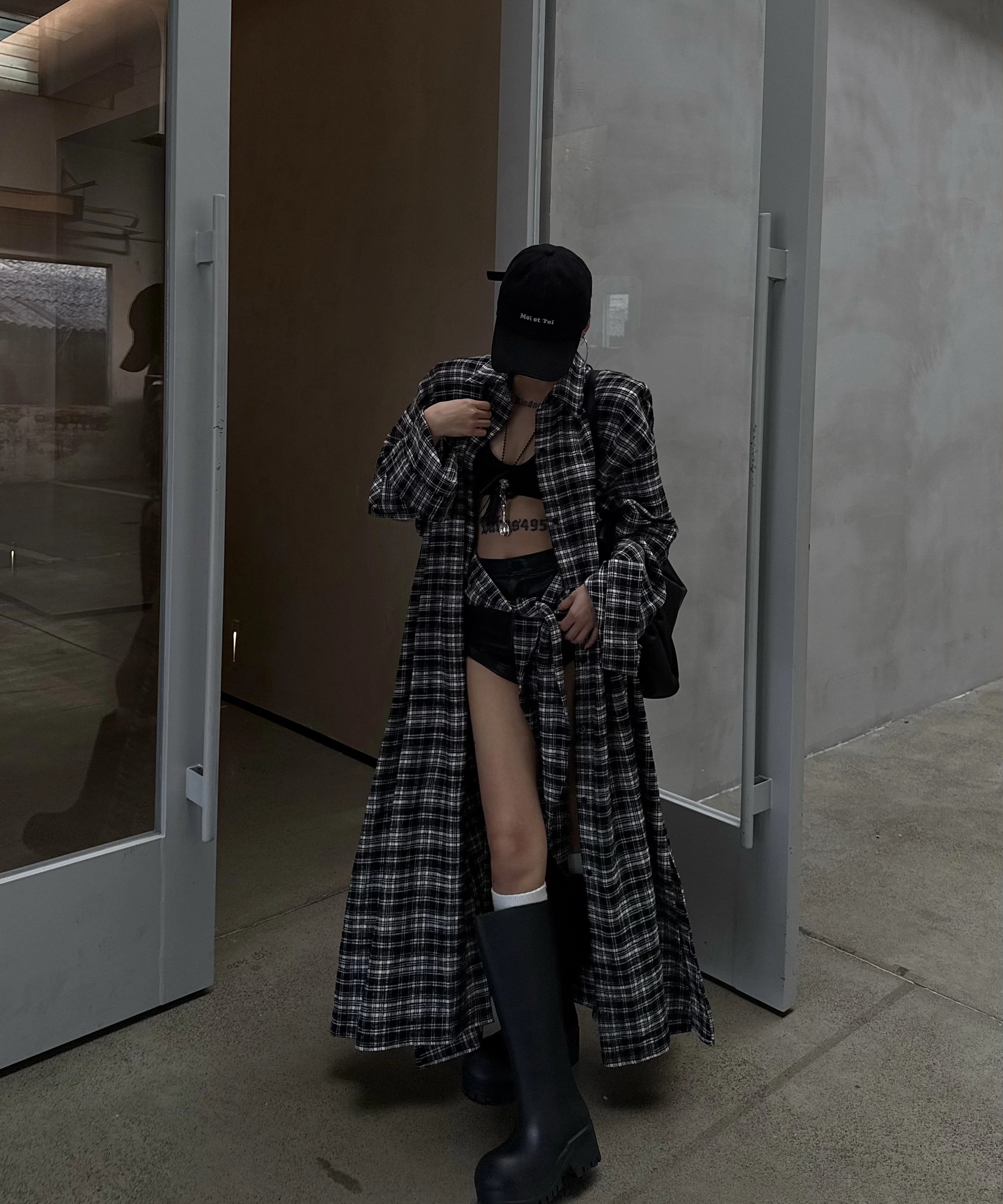 野生zero 格纹长款廓形衬衫女秋季新款美式复古磨毛休闲宽松外套