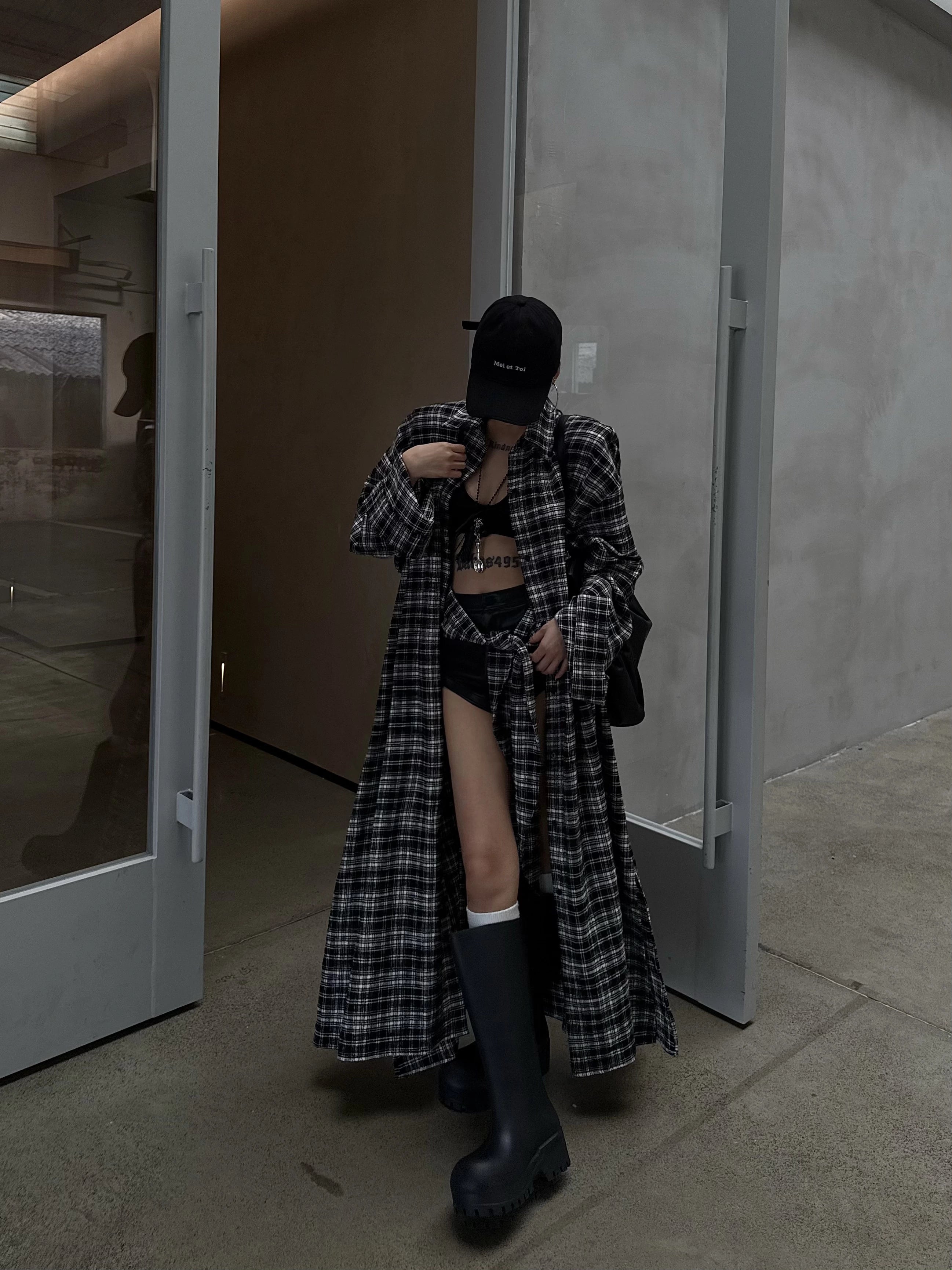 野生zero 格纹长款廓形衬衫女秋季新款美式复古磨毛休闲宽松外套