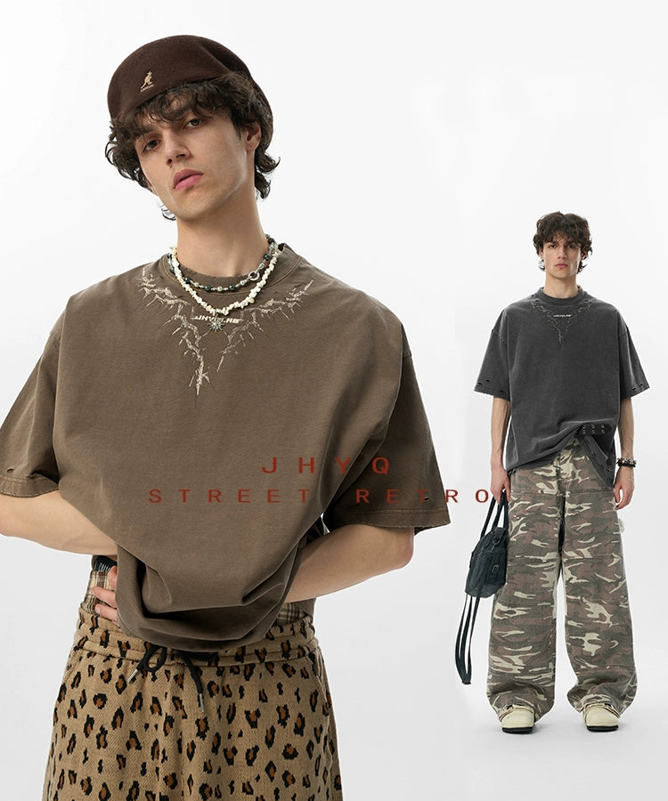 【李沛恩同款】JHYQ美式印花重磅磨毛水洗短袖T恤男宽松破洞五分