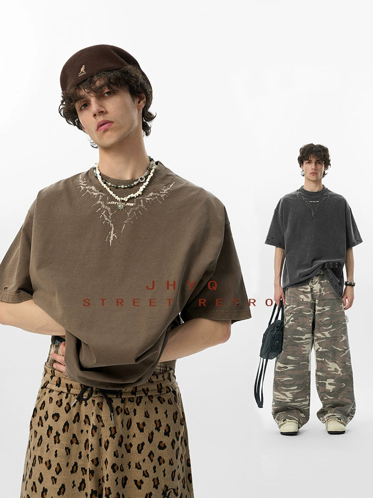 【李沛恩同款】JHYQ美式印花重磅磨毛水洗短袖T恤男宽松破洞五分