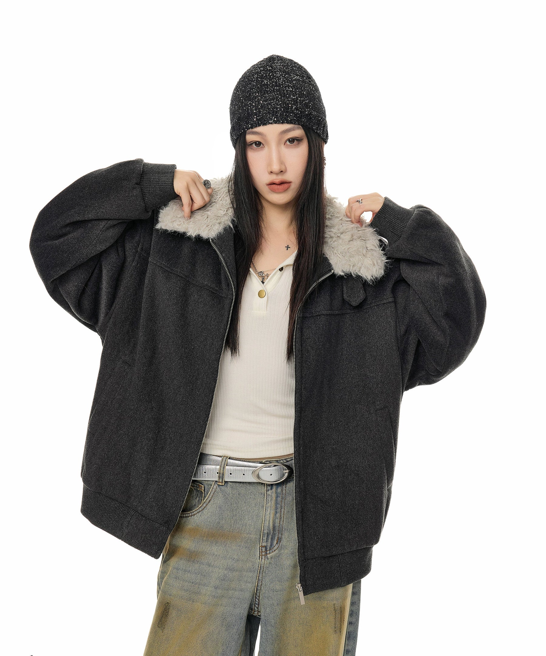 ICH MODE 美式复古毛领翻领棉服女2025新款冬季宽松防寒棉衣外套