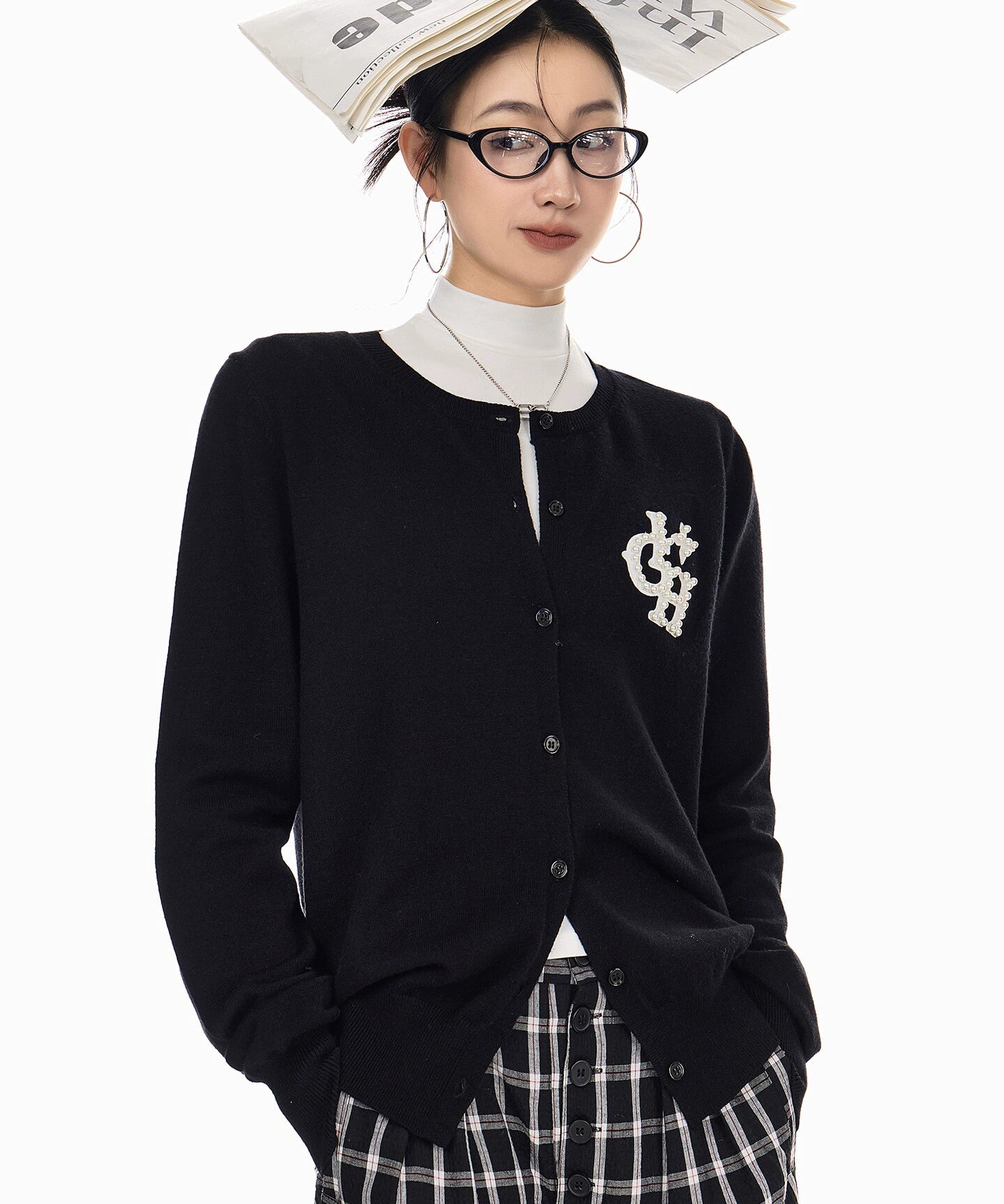 ICH MODE 美式复古珍珠针织开衫女秋冬季氛围感外搭休闲毛衣外套