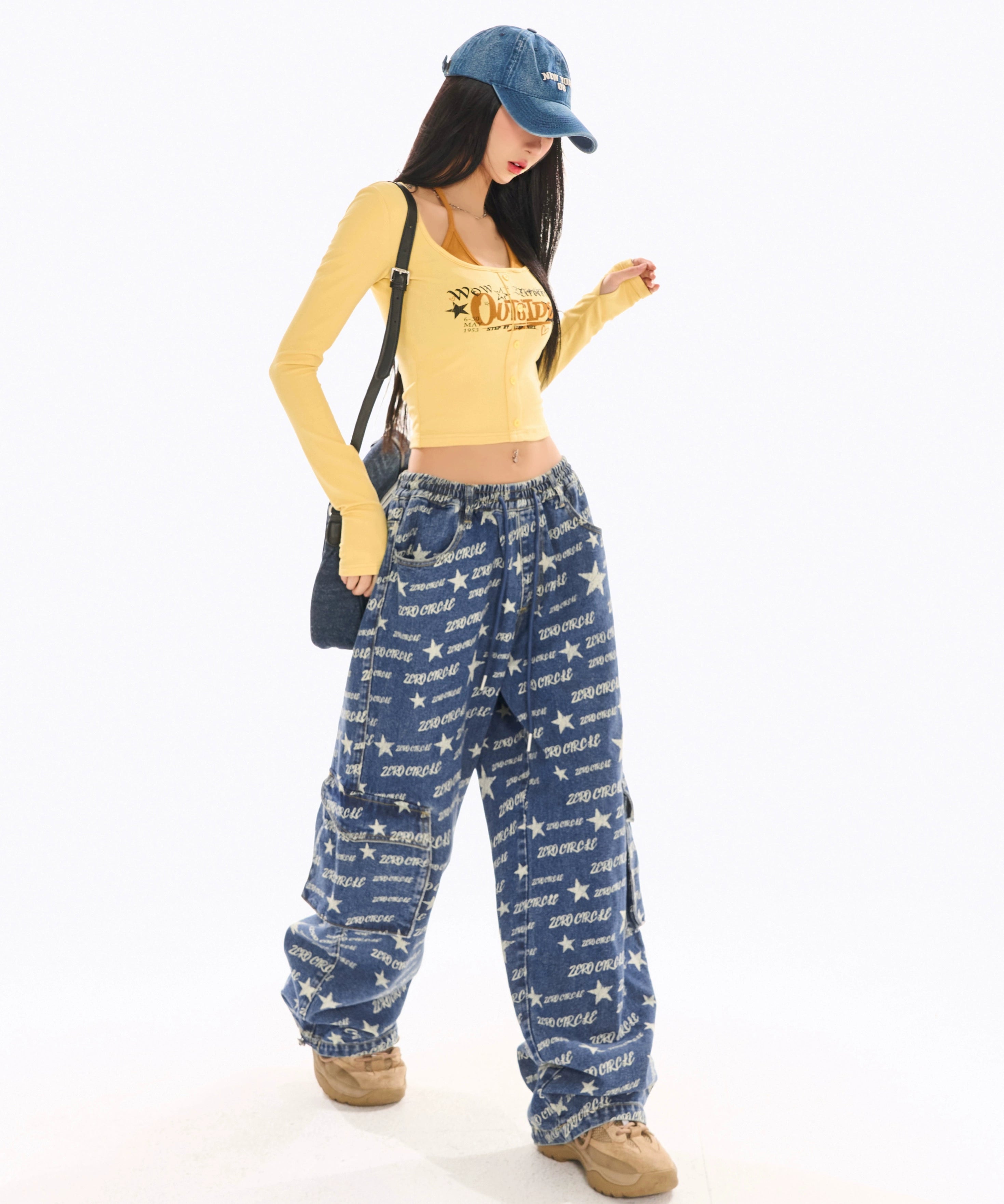 野生zerocircle印花松紧腰牛仔裤女春设计感显瘦宽松直筒阔腿裤子