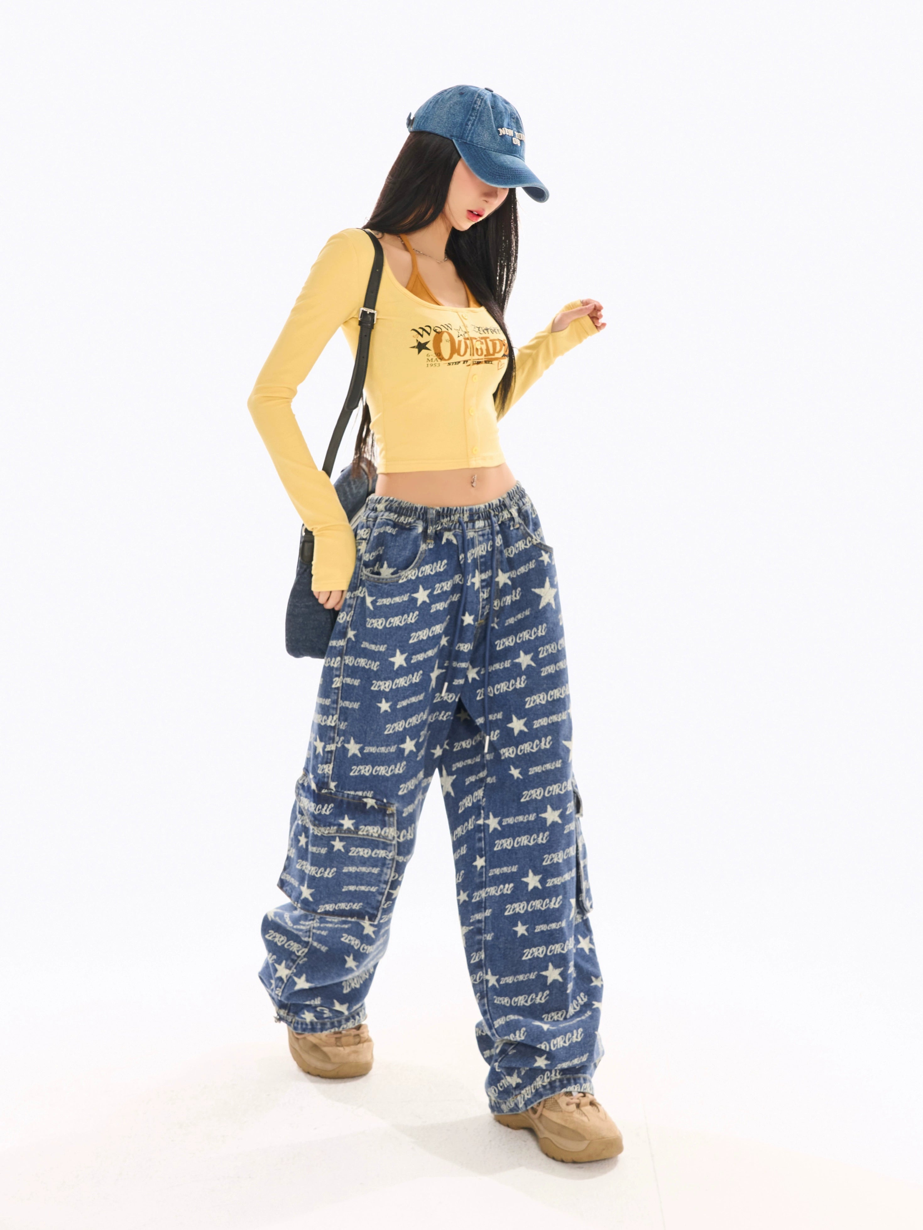 野生zerocircle印花松紧腰牛仔裤女春设计感显瘦宽松直筒阔腿裤子