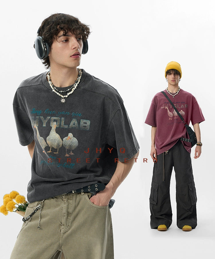 【2025好运鸭】JHYQ美式水洗做旧圆领短袖t恤男宽松重磅印花纯棉T