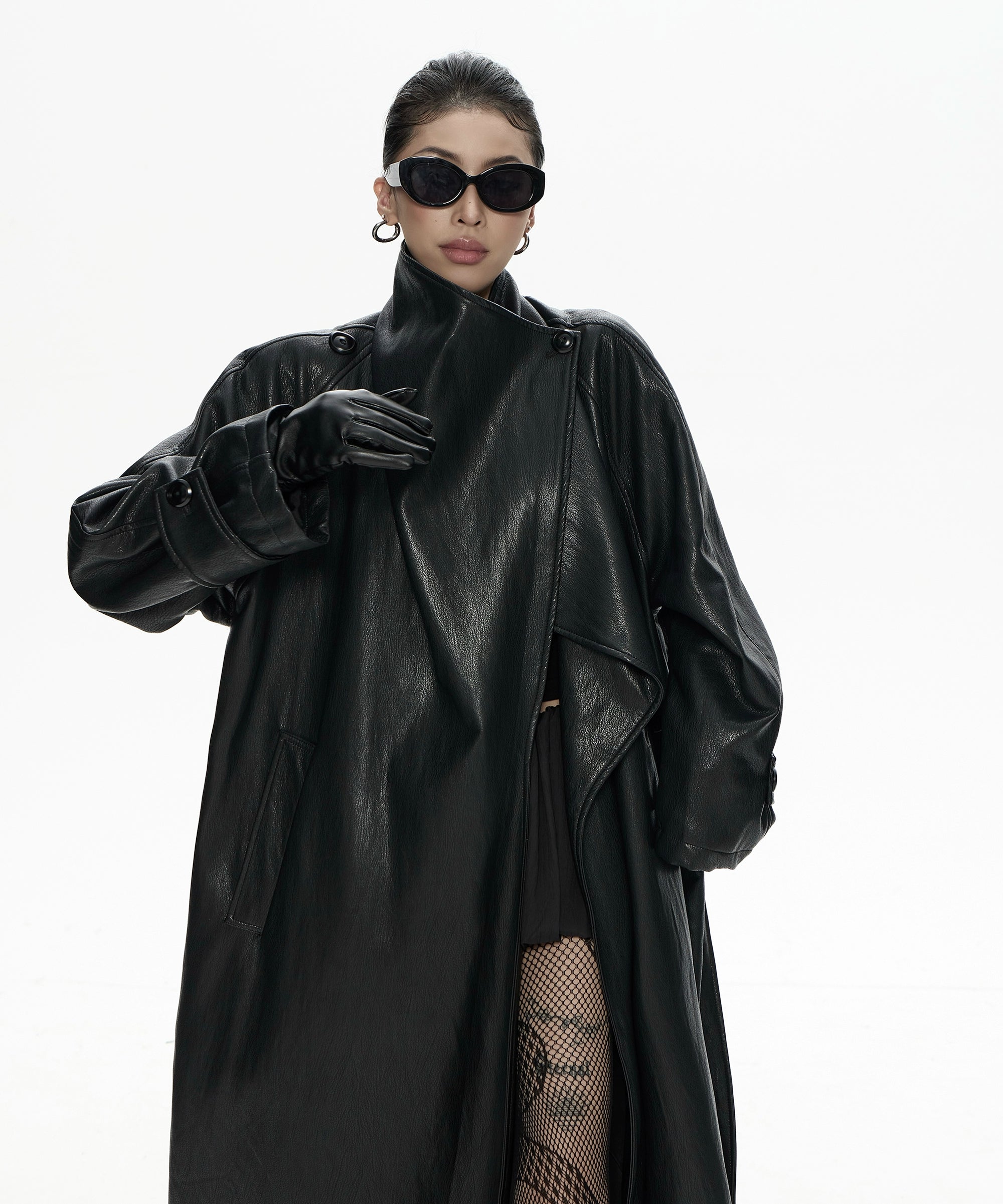 野生zero 翻领长款pu皮衣女秋冬2025新款酷飒风宽松大衣风衣外套