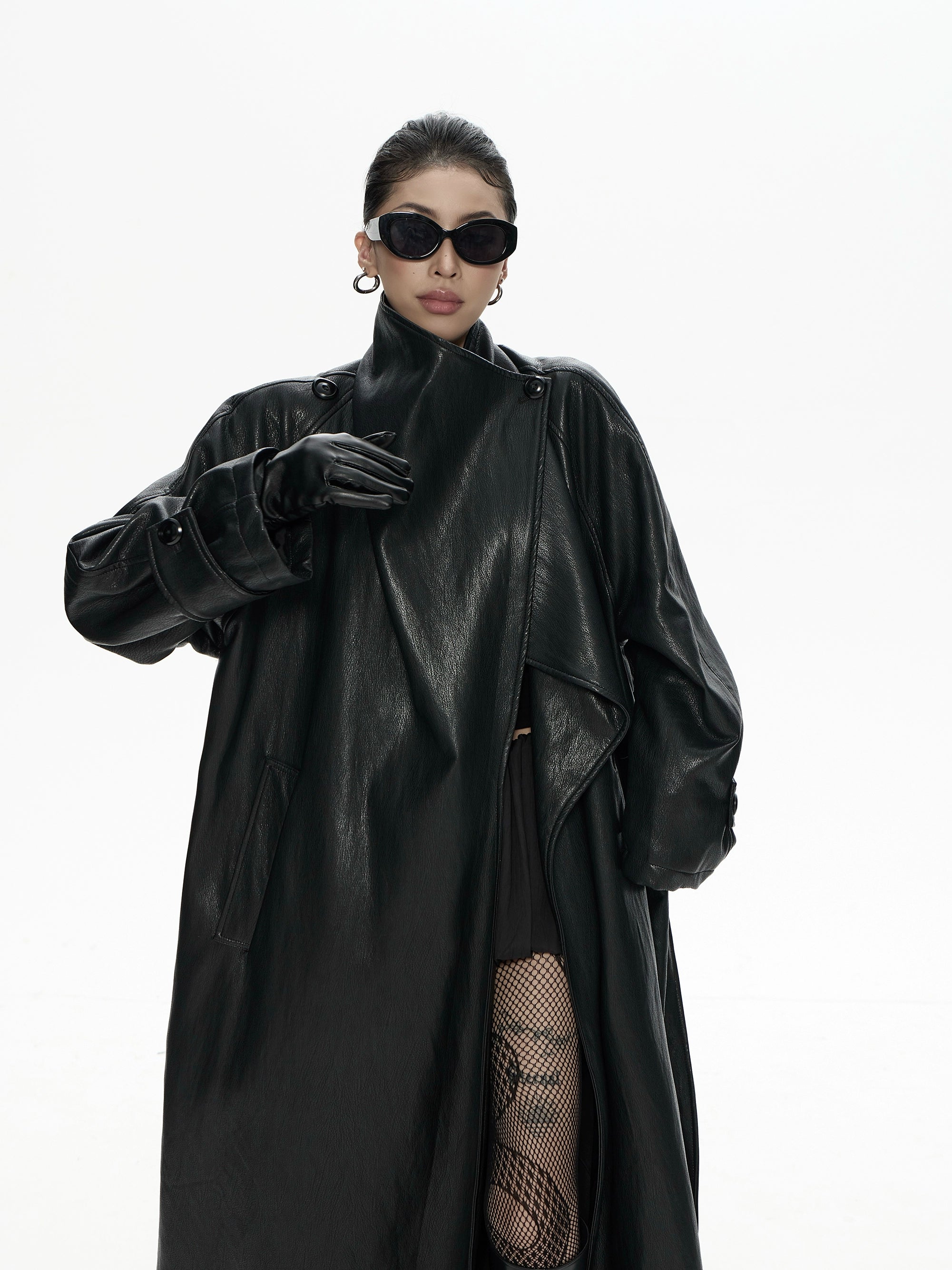 野生zero 翻领长款pu皮衣女秋冬2025新款酷飒风宽松大衣风衣外套