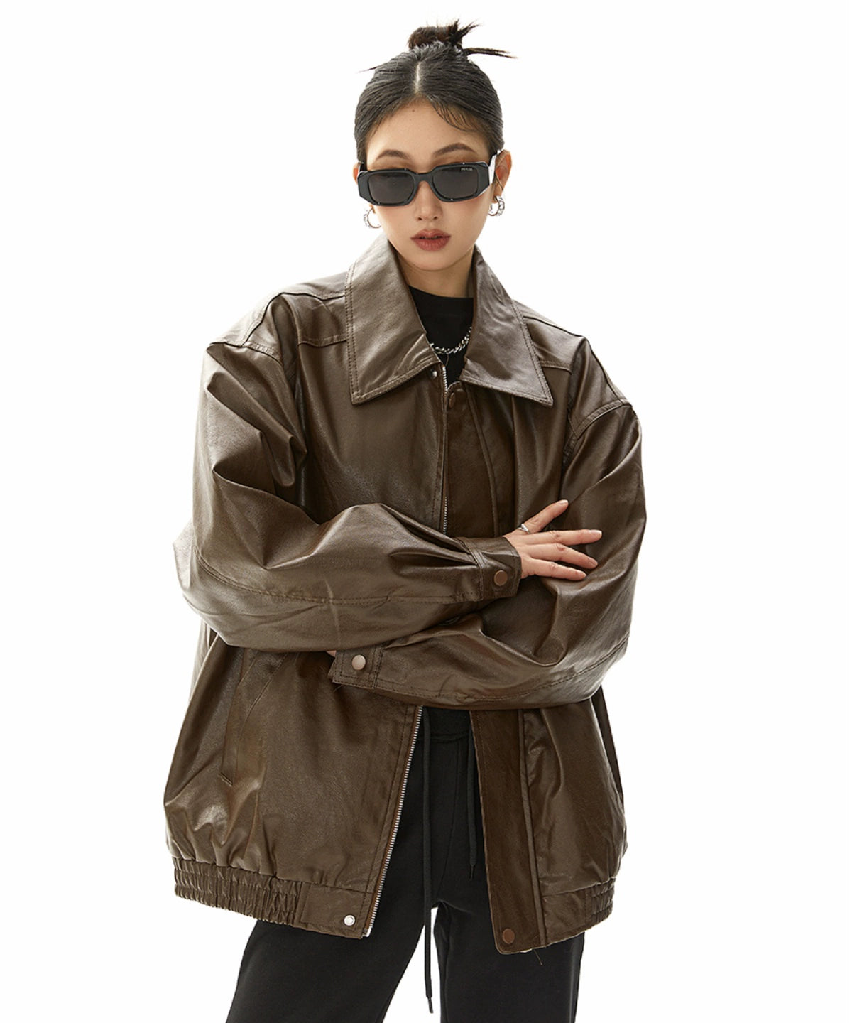 ICH MODE 美式复古棕色皮衣外套女秋冬美拉德皮夹克开衫上衣新款