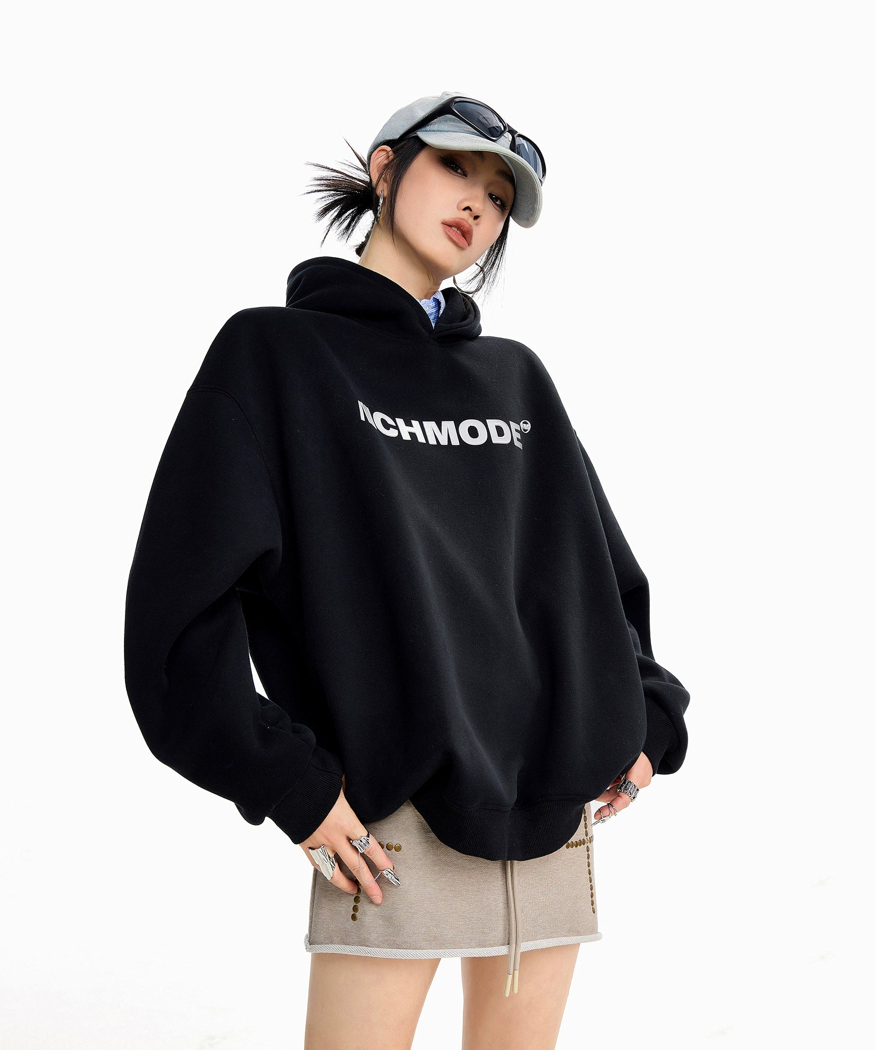 ICH MODE 美式印花黑色连帽卫衣女秋冬宽松流行外套上衣2025新款