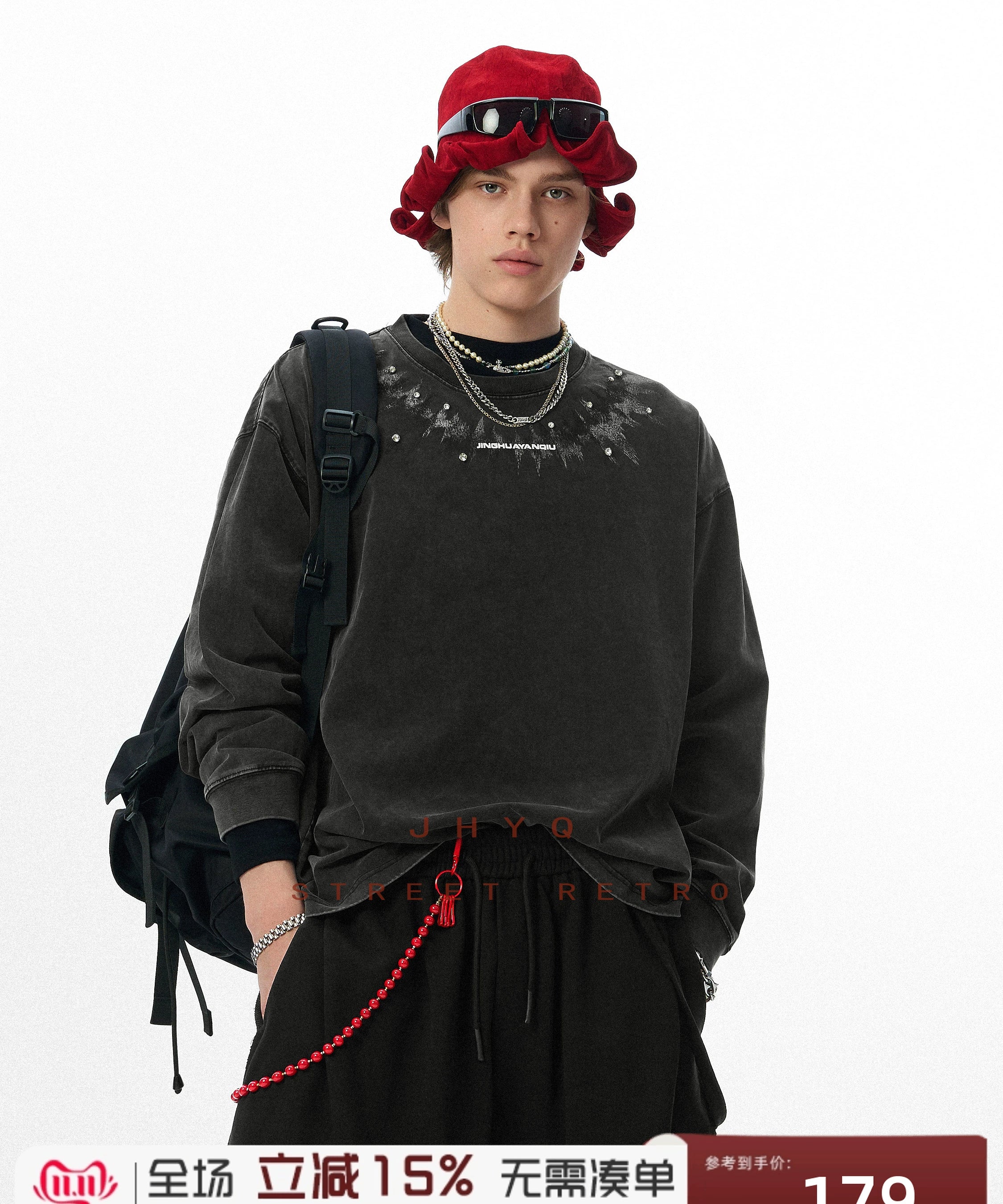 脉冲波丨JHYQ美式复古印花水洗重磅320g长袖T恤男宽松镶钻卫衣衫