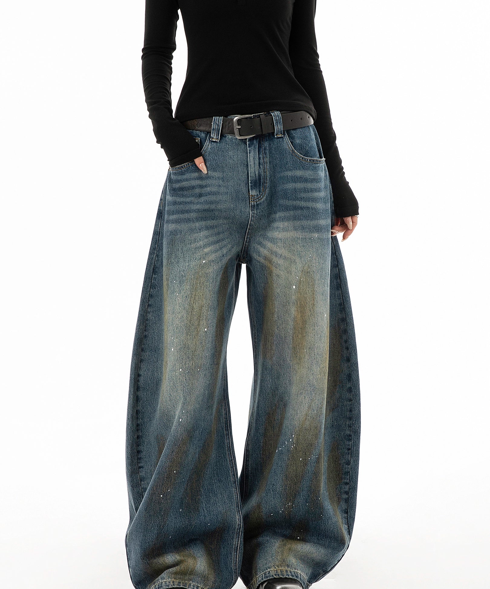 ICH MODE 美式复古做旧牛仔裤女夏季宽松直筒裤休闲阔腿弯刀裤子