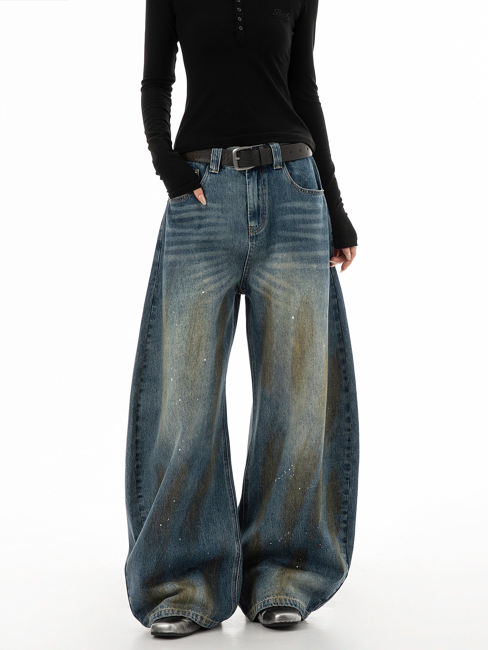 ICH MODE 美式复古做旧牛仔裤女夏季宽松直筒裤休闲阔腿弯刀裤子