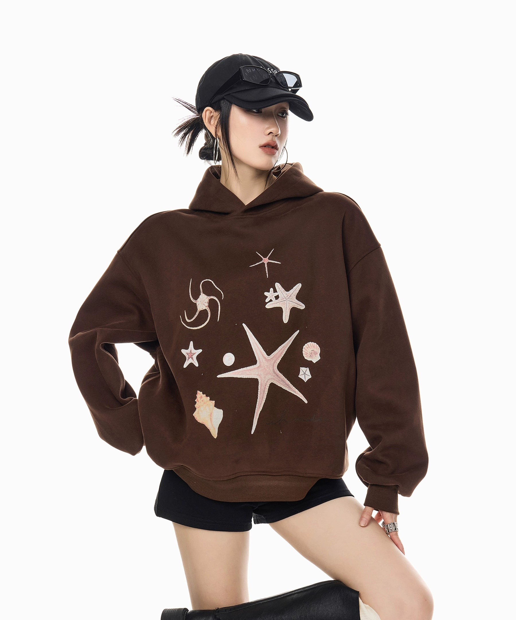 ICH MODE 美式复古海星连帽卫衣女秋冬新款重磅帽衫宽松运动上衣