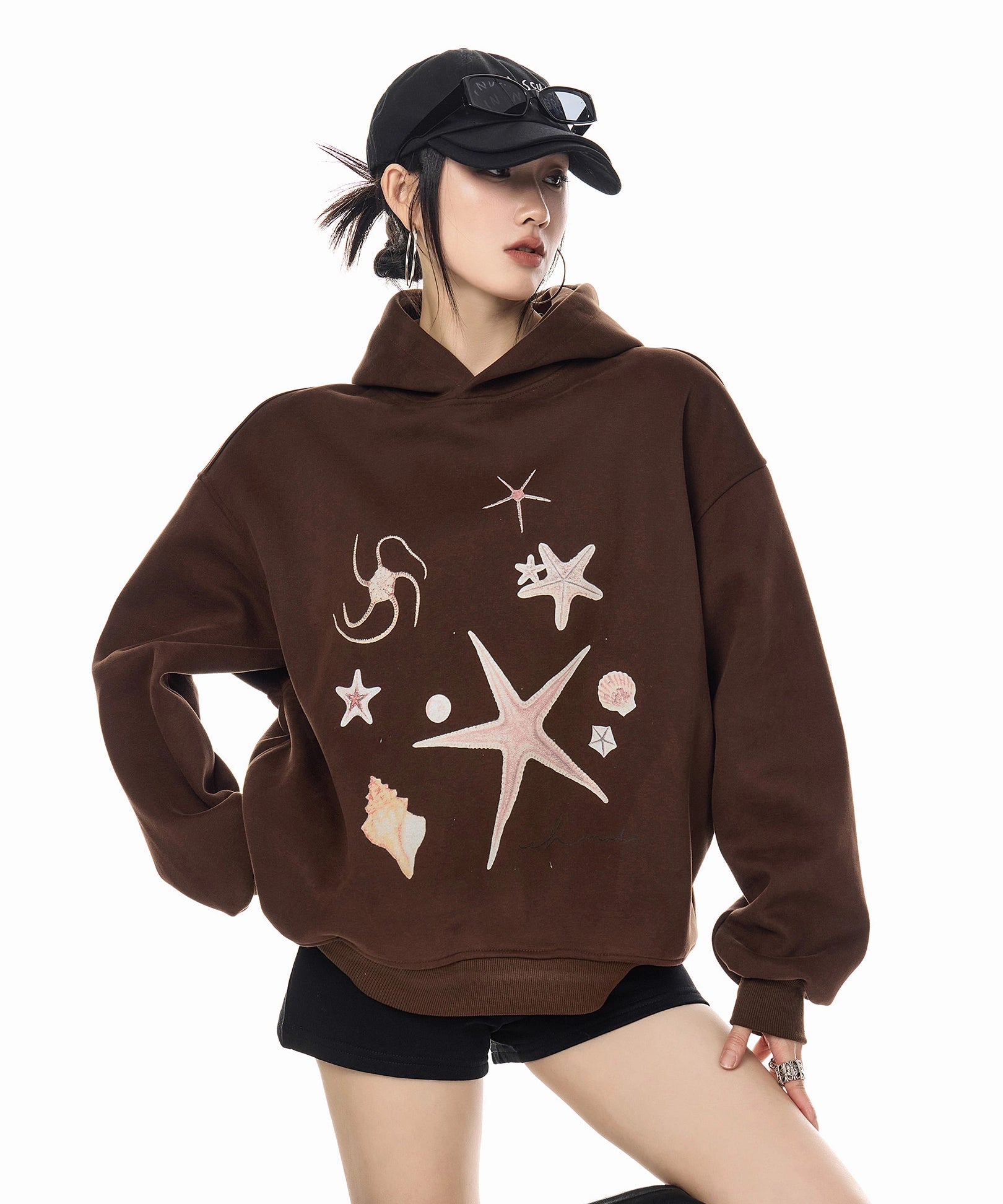 ICH MODE 美式复古海星连帽卫衣女秋冬新款重磅帽衫宽松运动上衣