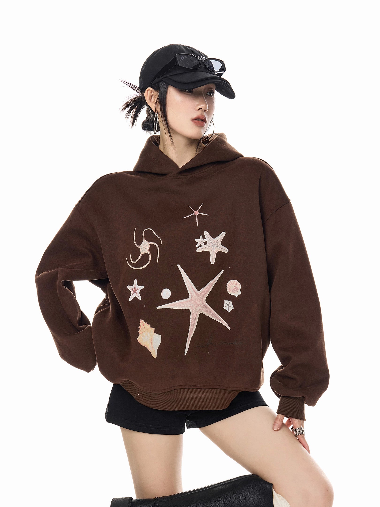 ICH MODE 美式复古海星连帽卫衣女秋冬新款重磅帽衫宽松运动上衣