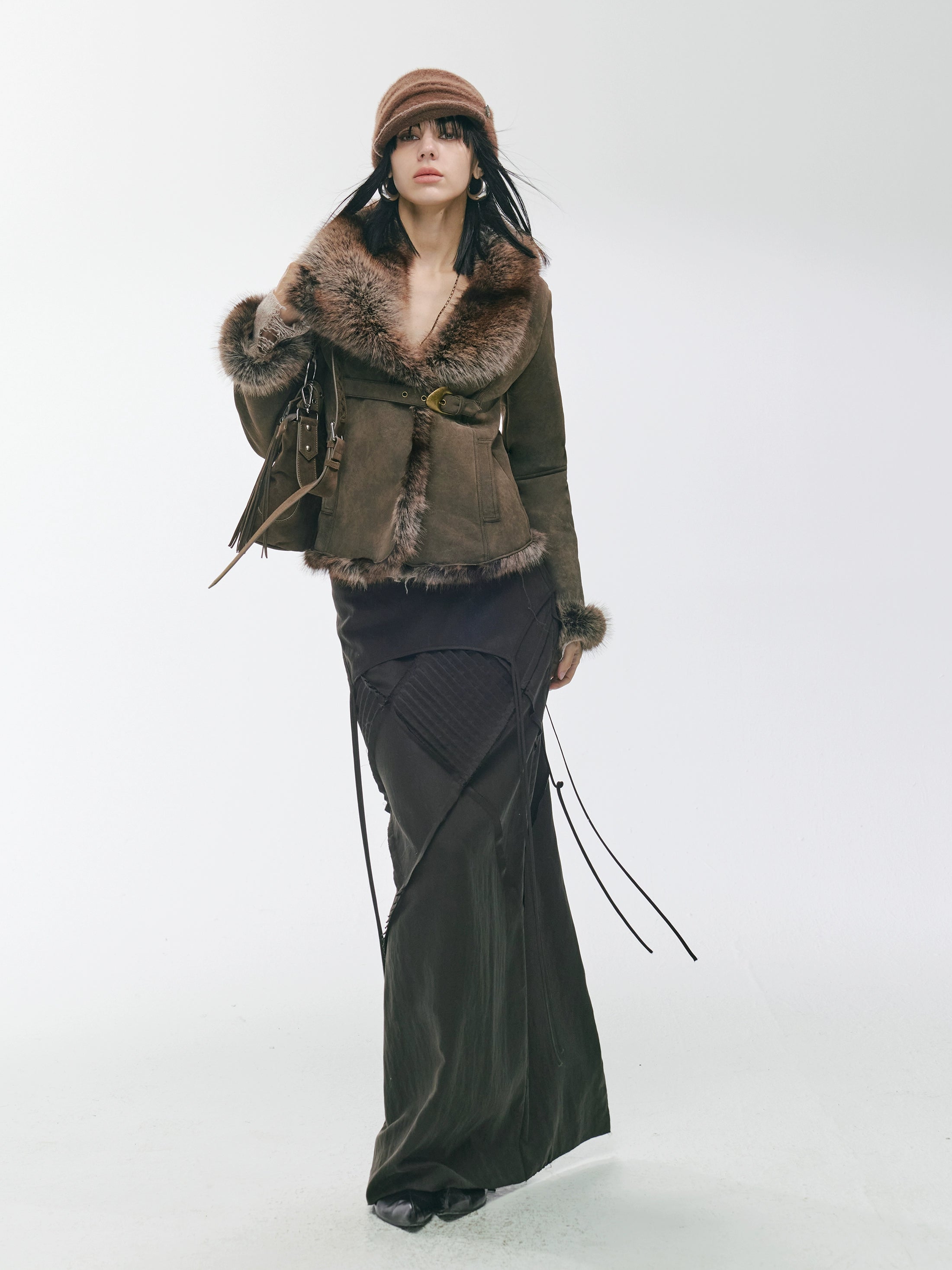 2th Desire复古不规则大翻领做旧金属扣麂皮皮毛一体保暖毛毛外套