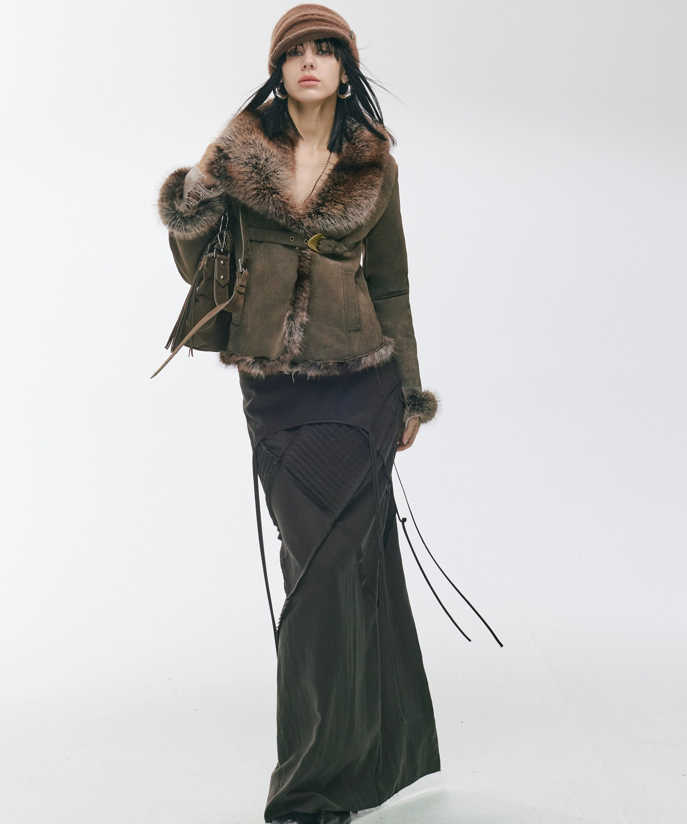 2th Desire复古不规则大翻领做旧金属扣麂皮皮毛一体保暖毛毛外套