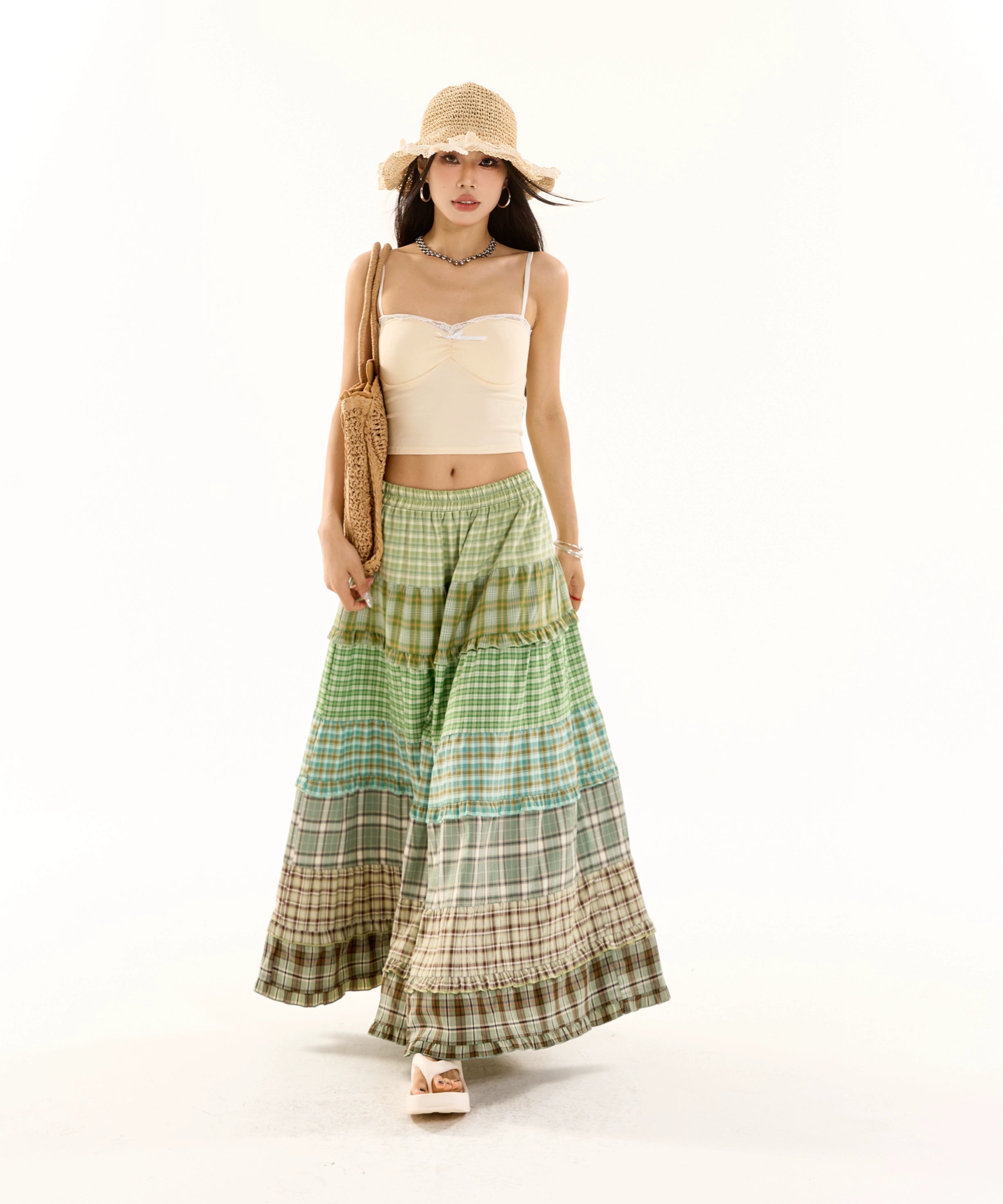 野生zero 彩虹格子长裙女秋季宽松显瘦设计感小众拼接a字海边裙子