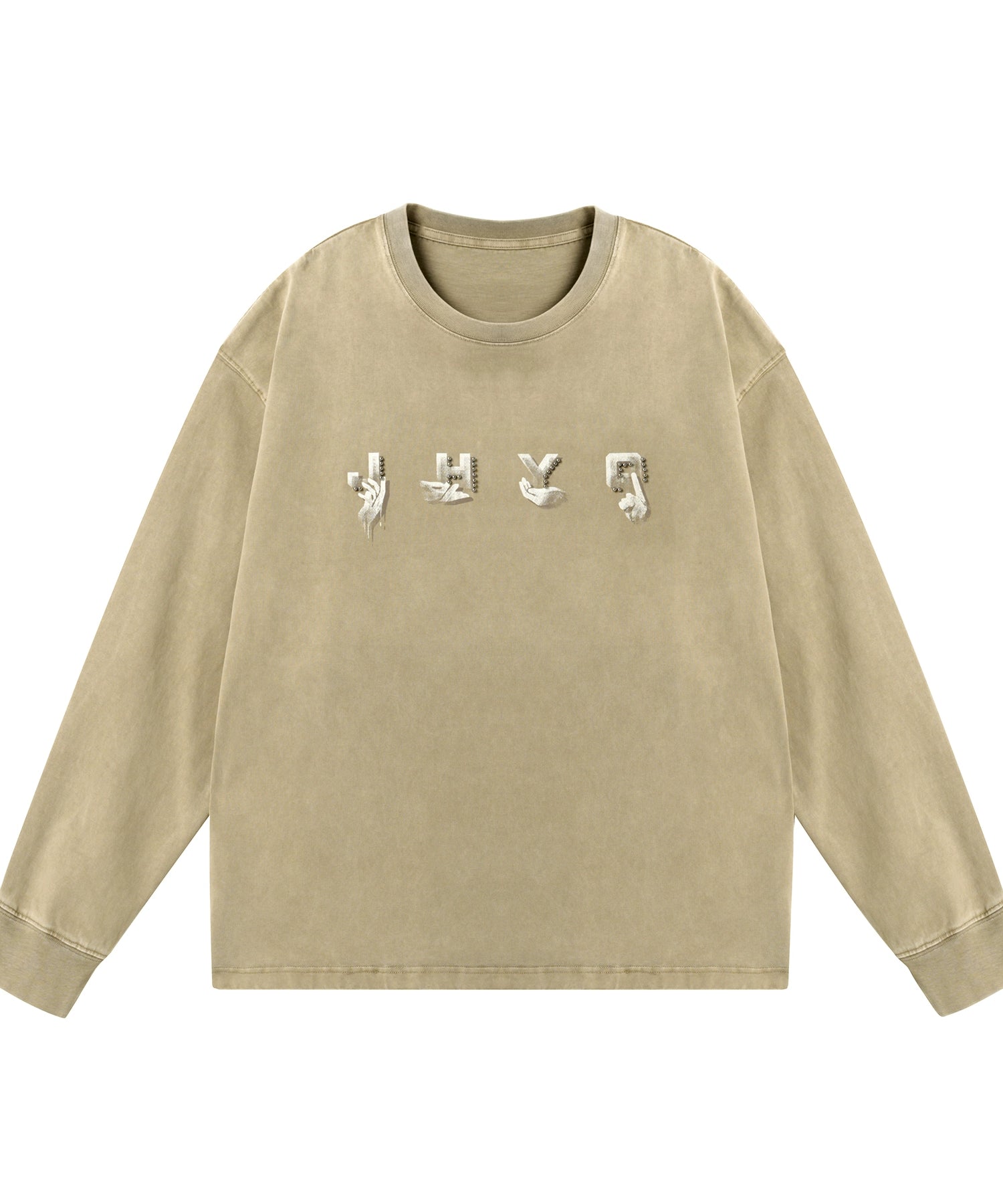 【创意手势】JHYQ美式320g复古水洗钉珠长袖T恤男宽松休闲卫衣男