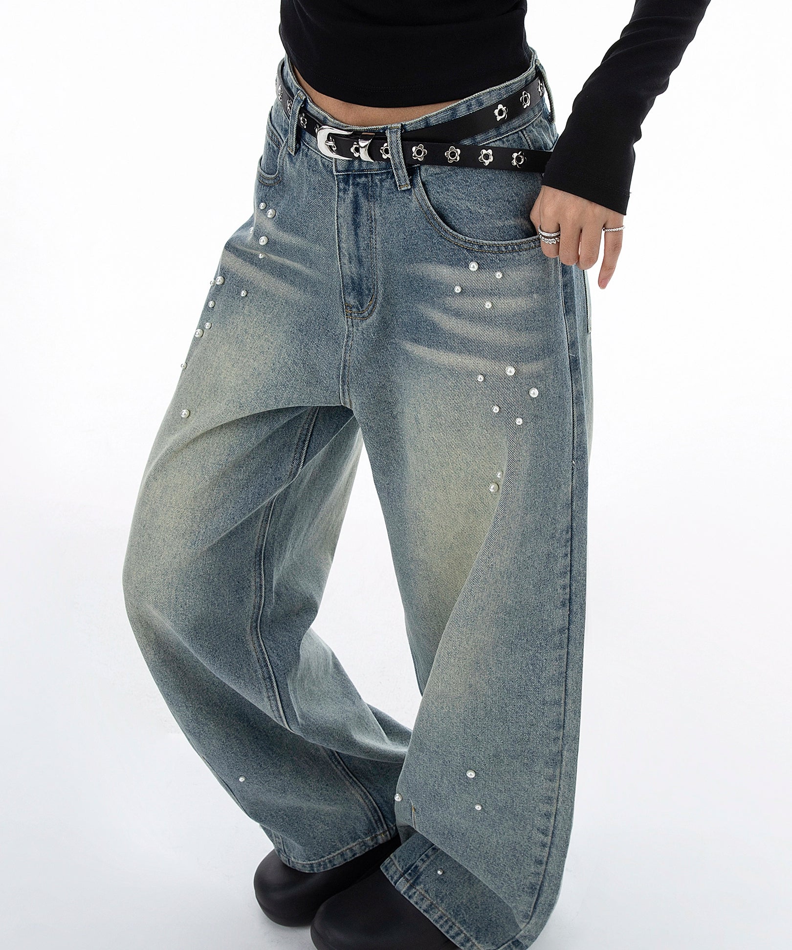 ICH MODE 美式复古珍珠牛仔裤女休闲裤宽松直筒裤子运动裤阔腿裤