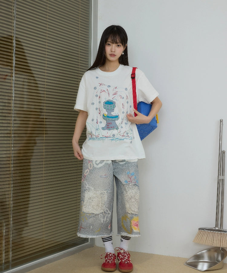 “闪光泉涌”| eeee小众设计感创意涂鸦喷泉短袖重工珠绣T恤夏季