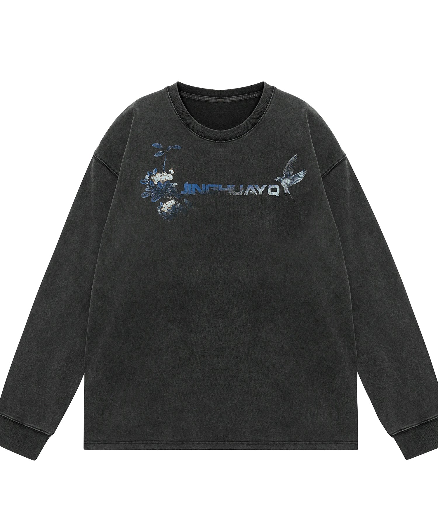 花鸟之语丨JHYQ美式复古水洗320重磅长袖T恤男士字母做旧印花卫衣