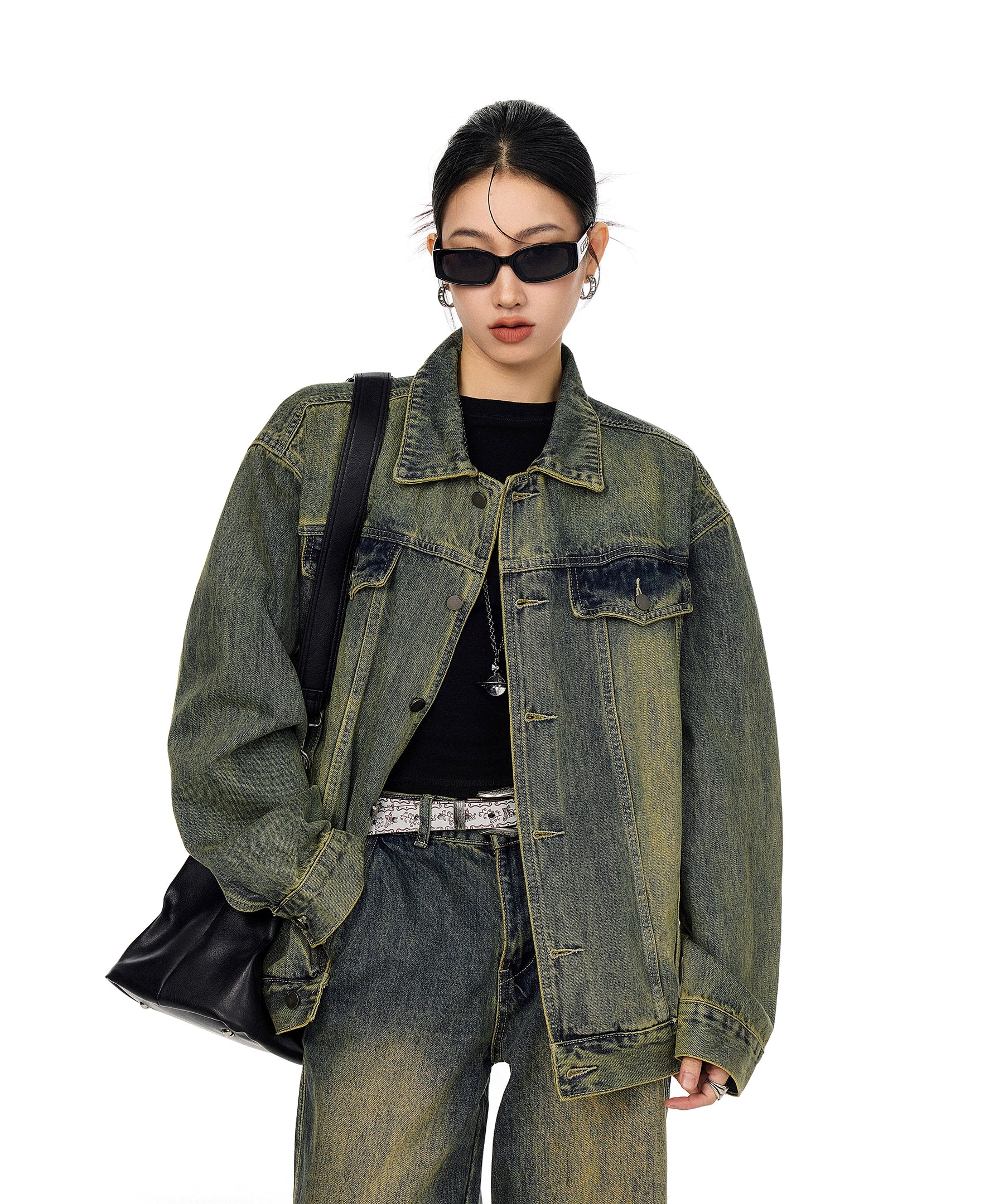 ICH MODE 美式复古水洗牛仔外套女秋冬翻领工装夹克宽松休闲上衣