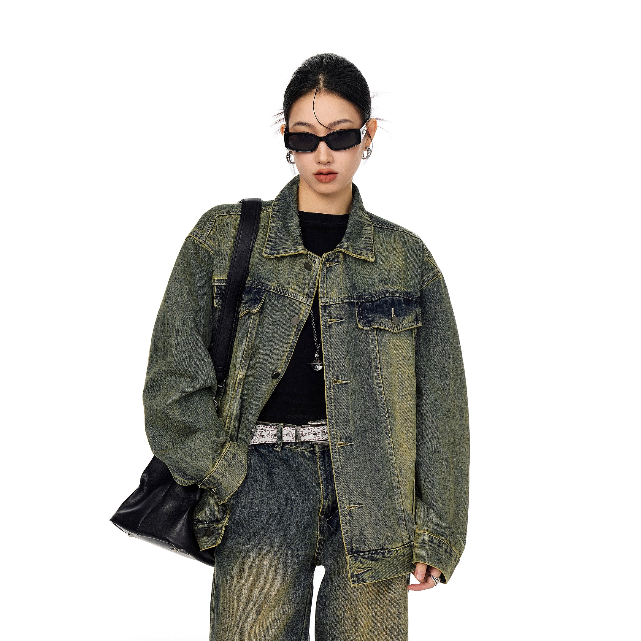 ICH MODE 美式复古水洗牛仔外套女秋冬翻领工装夹克宽松休闲上衣