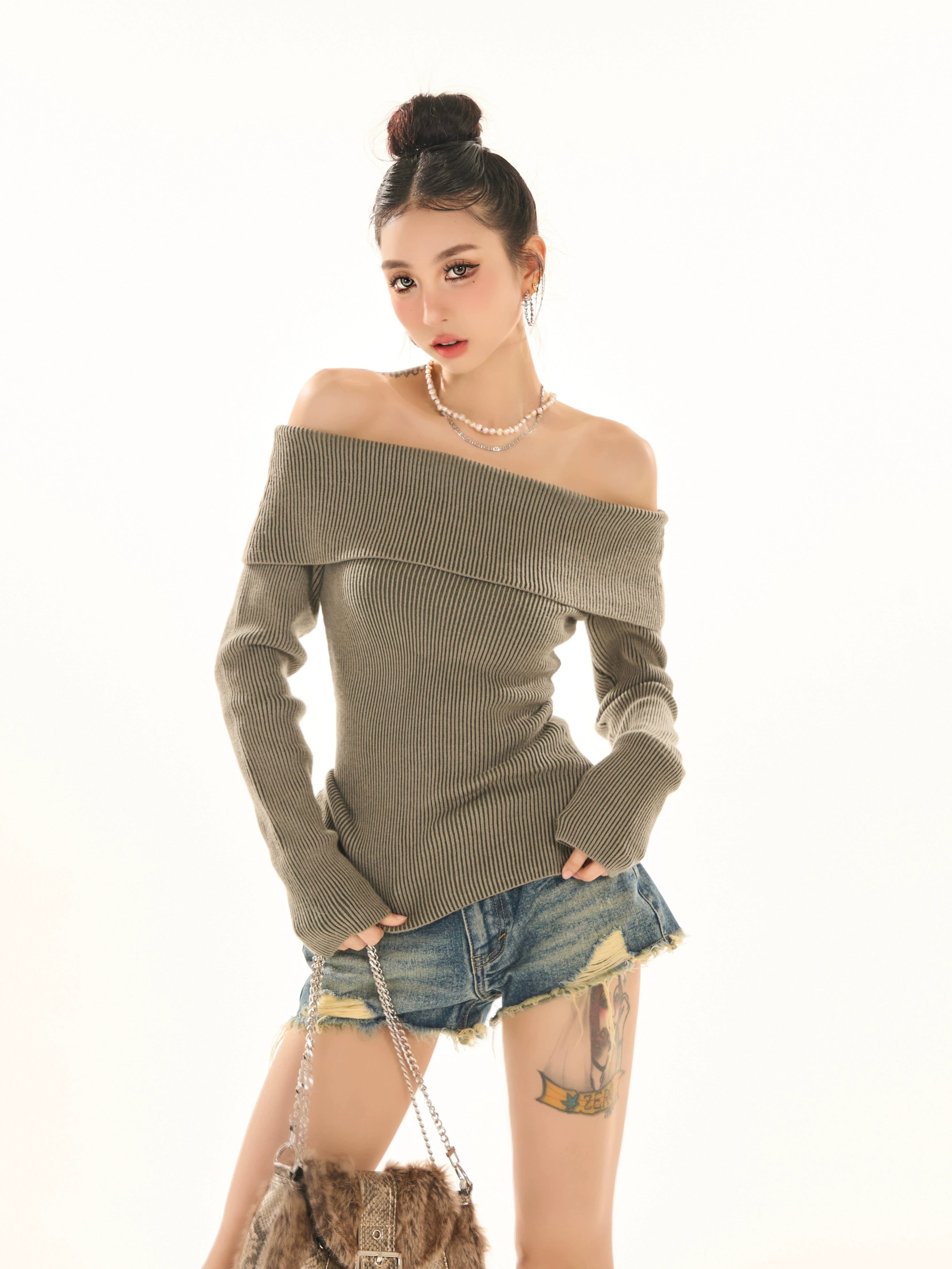 野生zerocircle灰绿色针织衫女春修身显瘦小众辣妹一字肩长袖上衣