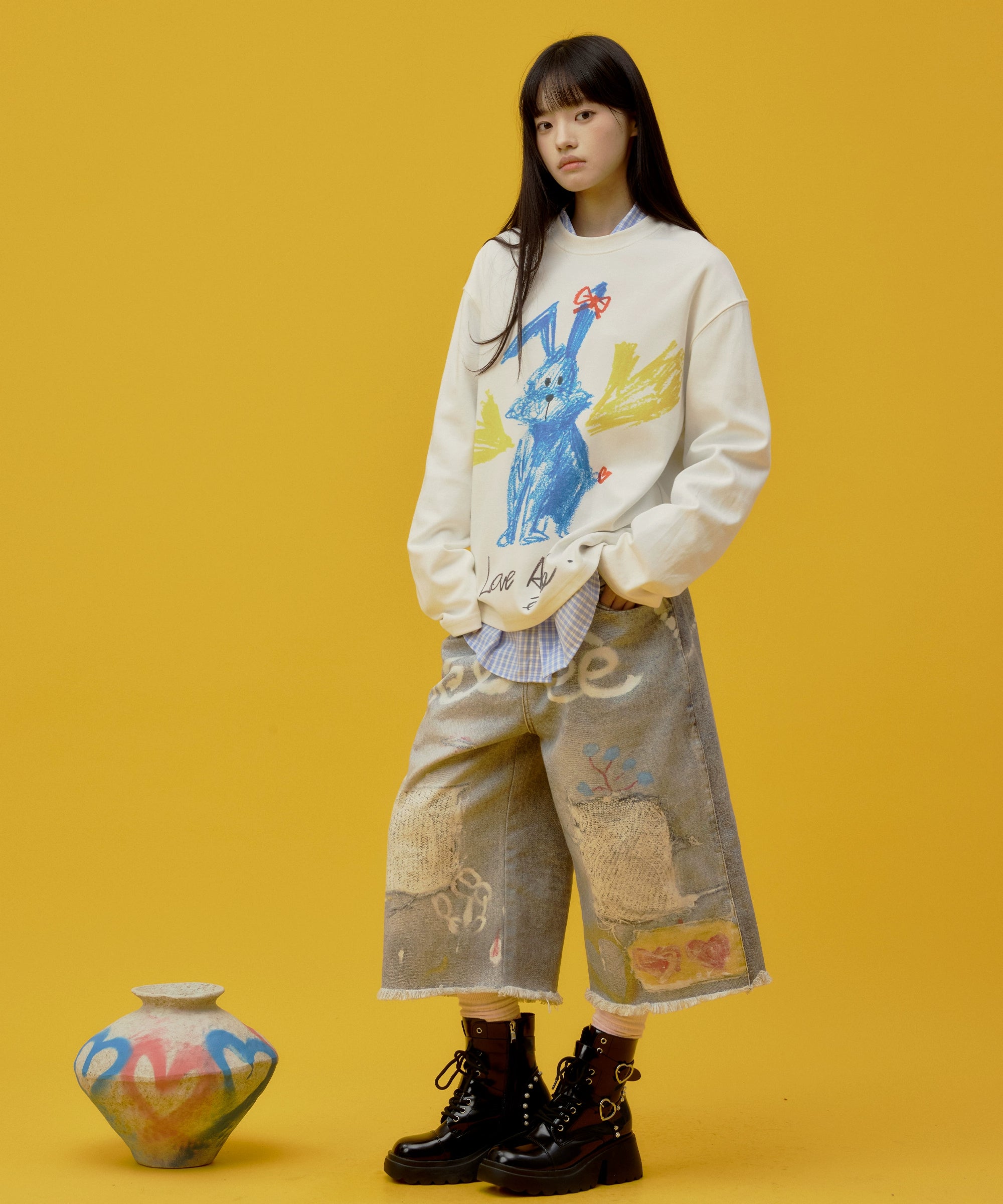 eeeeArtmonster“蓝色兔子”蜡笔手绘印花T恤重磅爱心兔长袖上衣