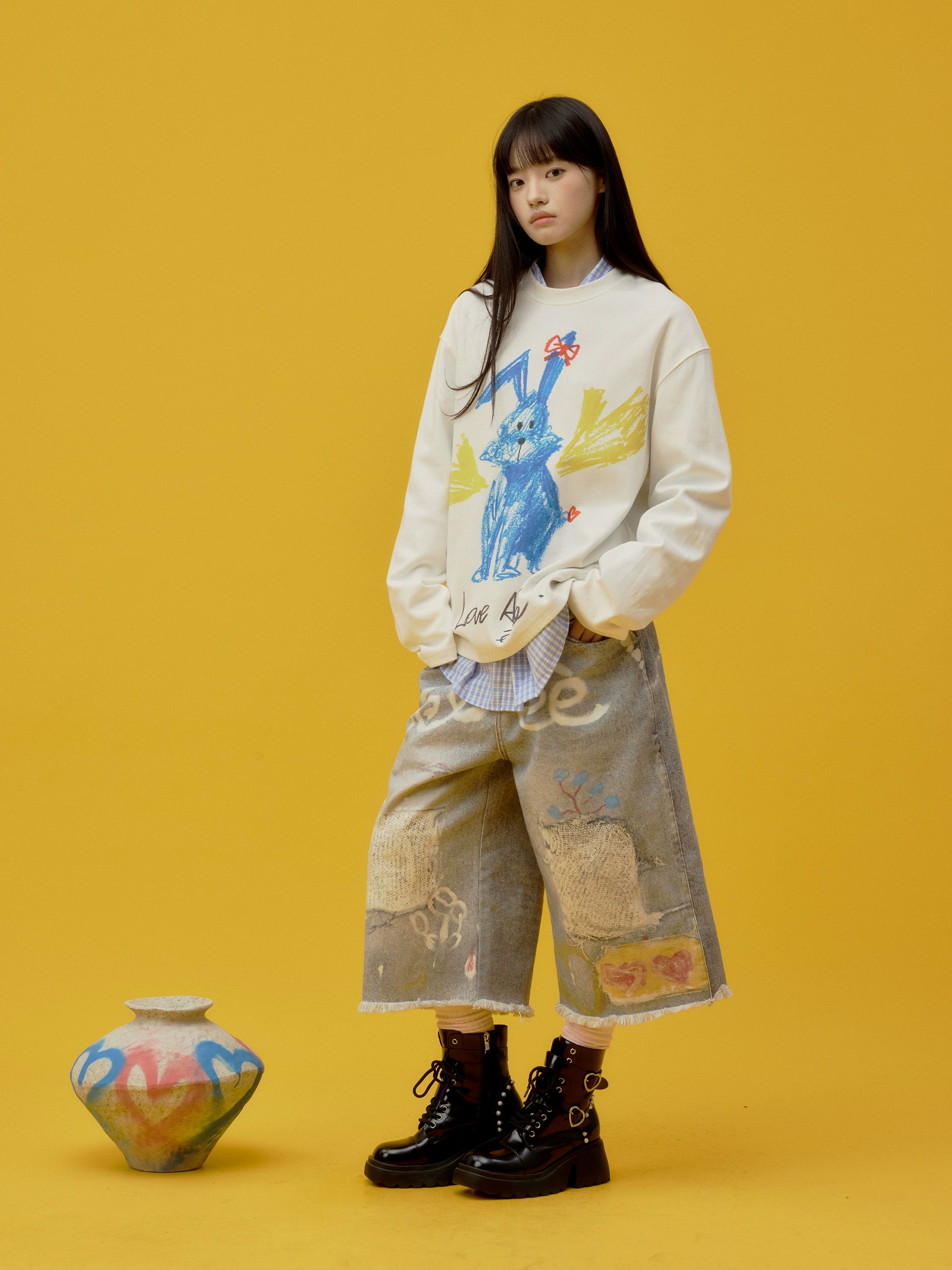 eeeeArtmonster“蓝色兔子”蜡笔手绘印花T恤重磅爱心兔长袖上衣