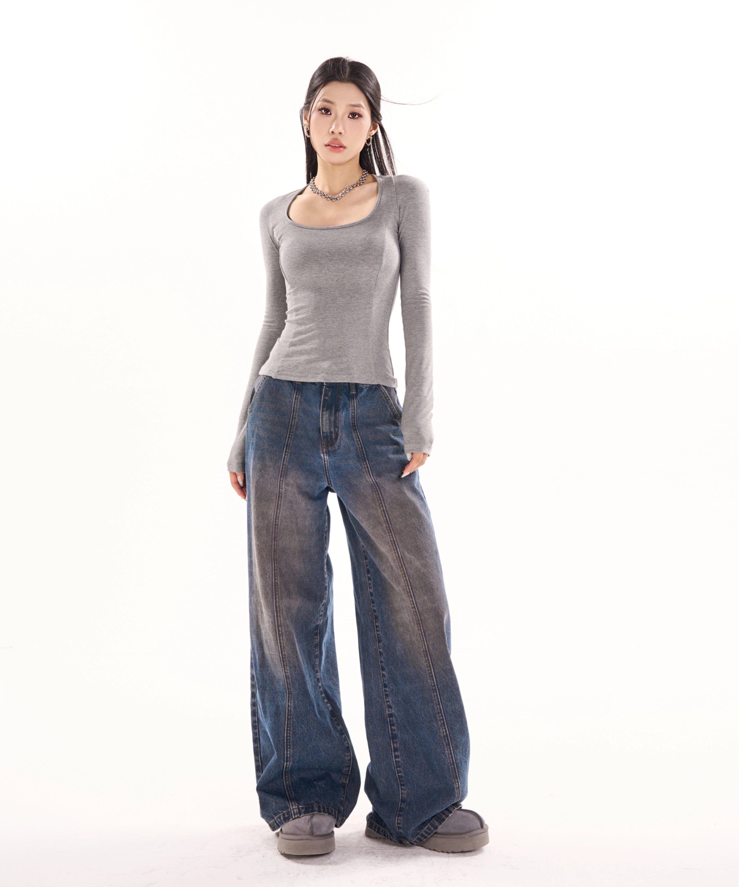 野生zerocircle 黑灰棕色u领打底衫女春秋季修身显瘦长袖针织上衣