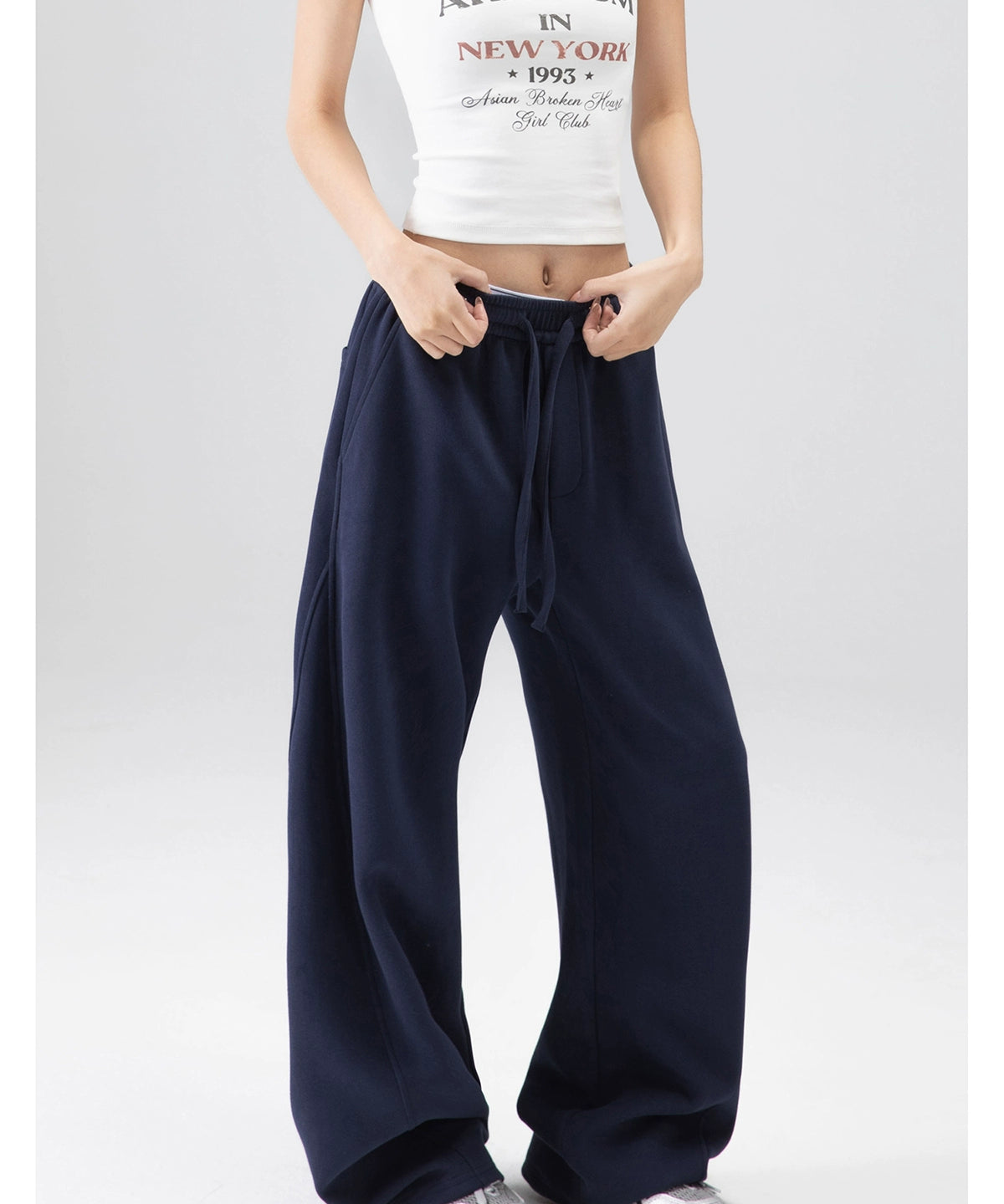 ICH MODE 美式加绒卫裤运动裤女秋冬新款宽松阔腿休闲裤弯刀裤子