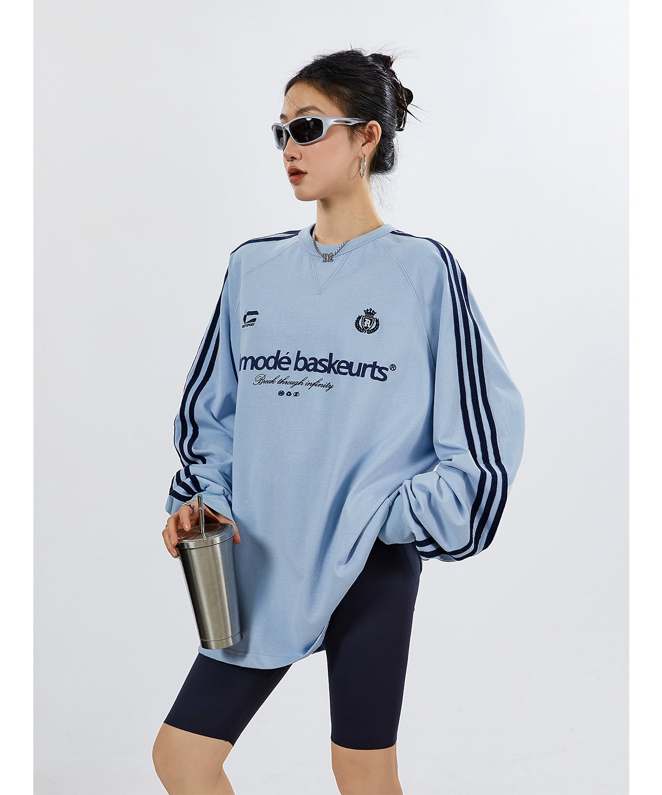 ICH MODE 270G美式复古条纹长袖T恤潮牌街头宽松休闲运动上衣女秋