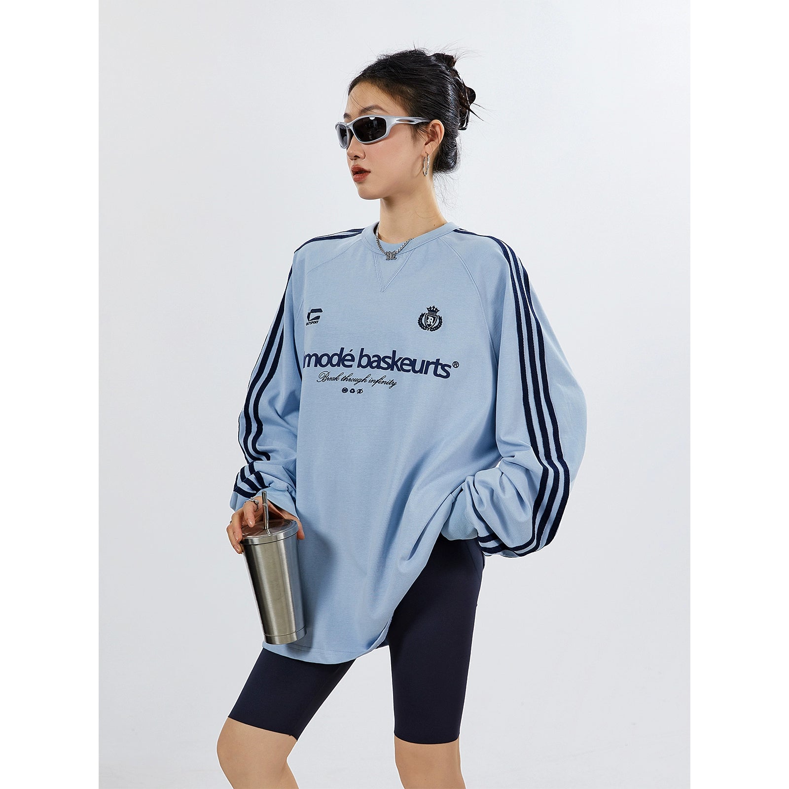 ICH MODE 270G美式复古条纹长袖T恤潮牌街头宽松休闲运动上衣女秋