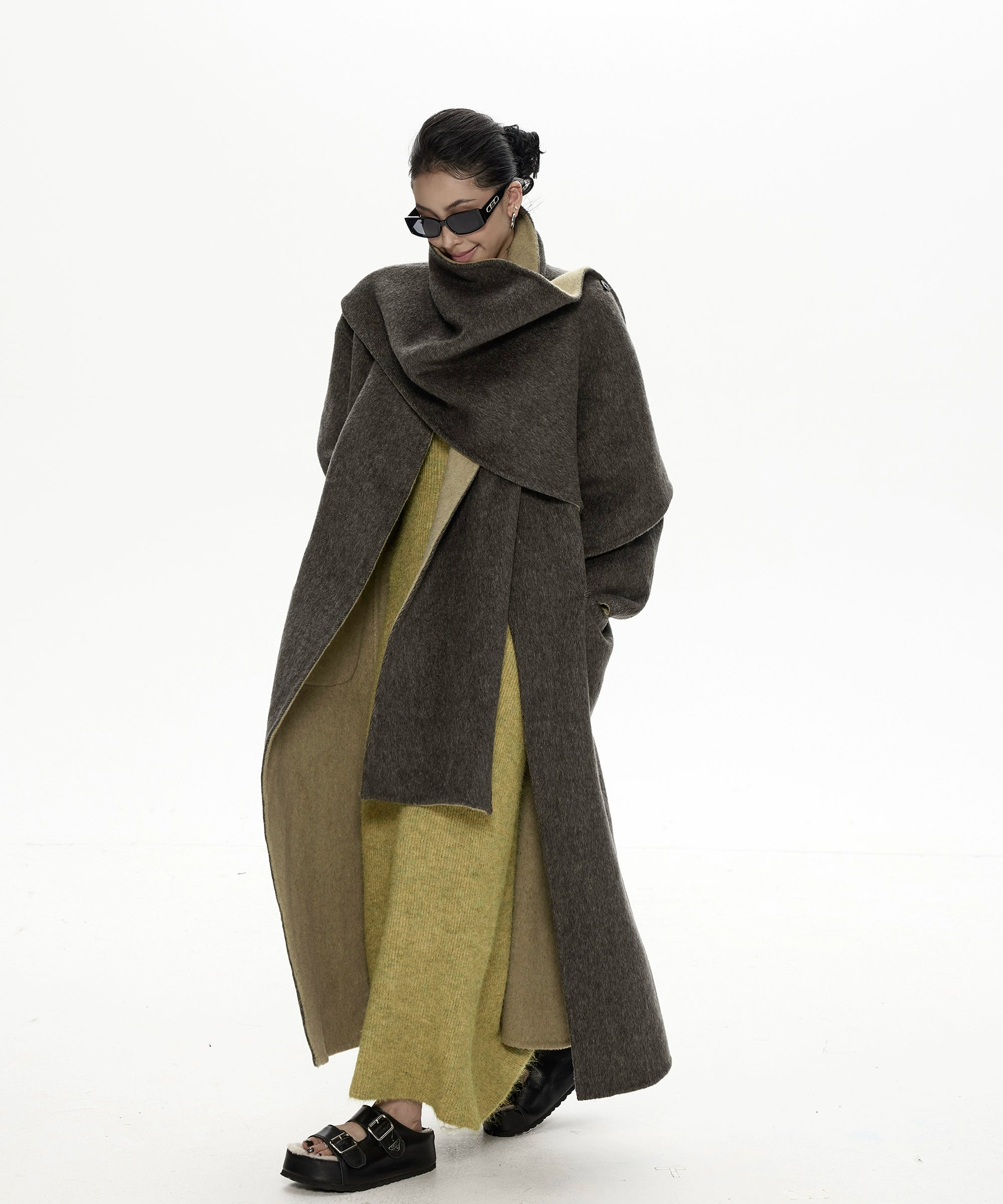 野生zero撞色长款廓形毛呢外套女秋冬新款设计感小众宽松加厚大衣