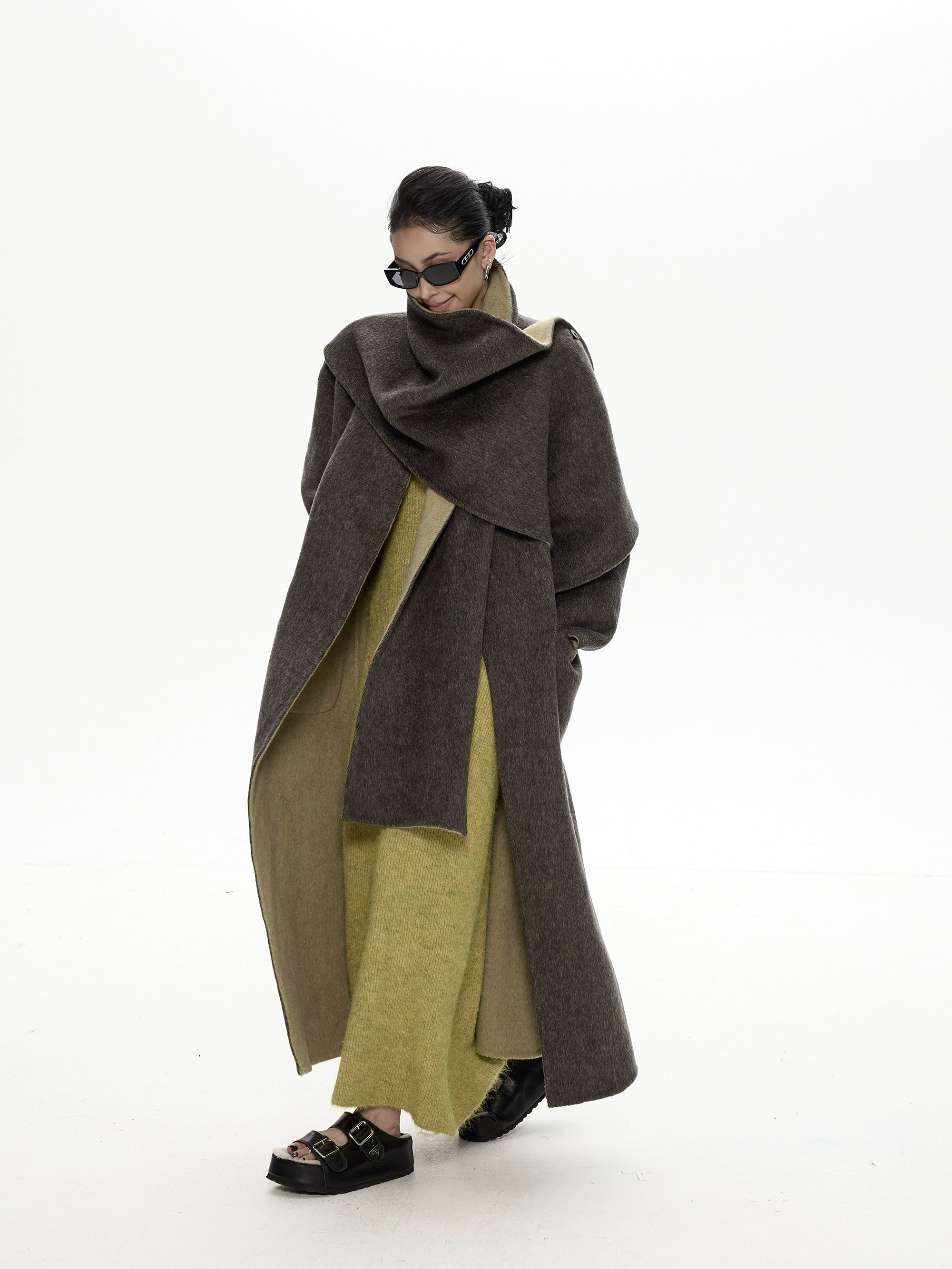 野生zero撞色长款廓形毛呢外套女秋冬新款设计感小众宽松加厚大衣