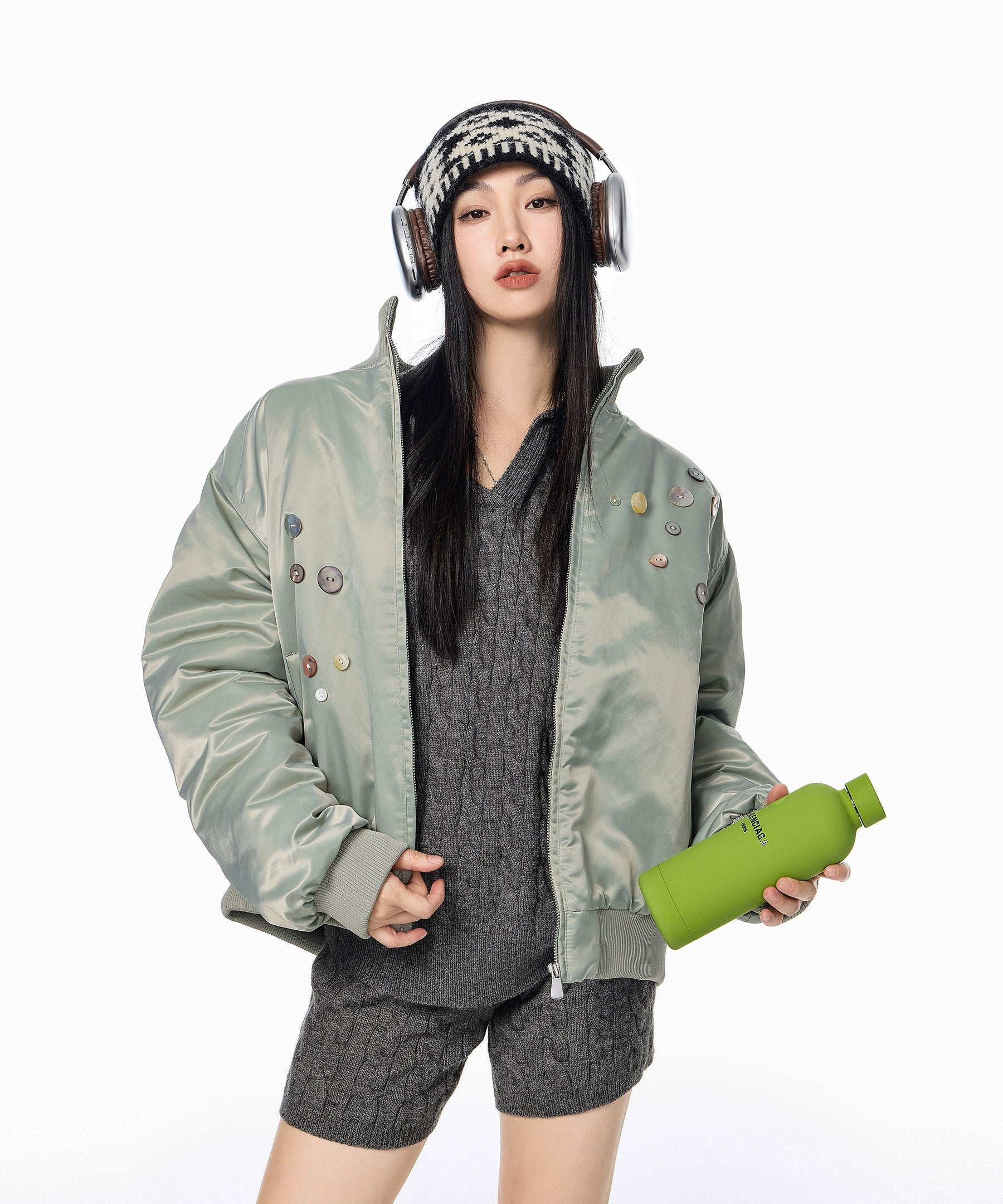 ICH MODE 美式复古彩扣薄棉服女2025新款秋冬季宽松立领棉衣外套