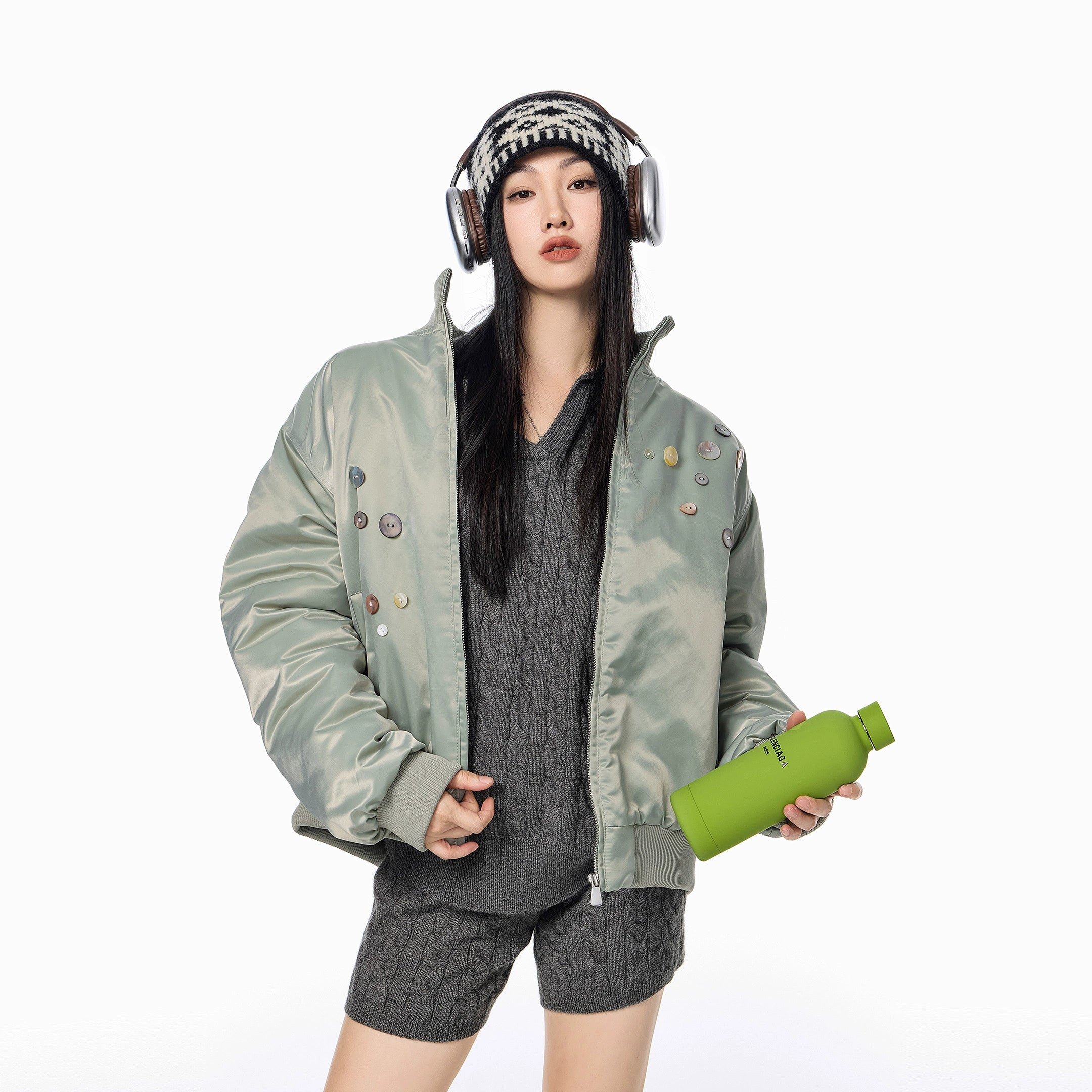 ICH MODE 美式复古彩扣薄棉服女2025新款秋冬季宽松立领棉衣外套